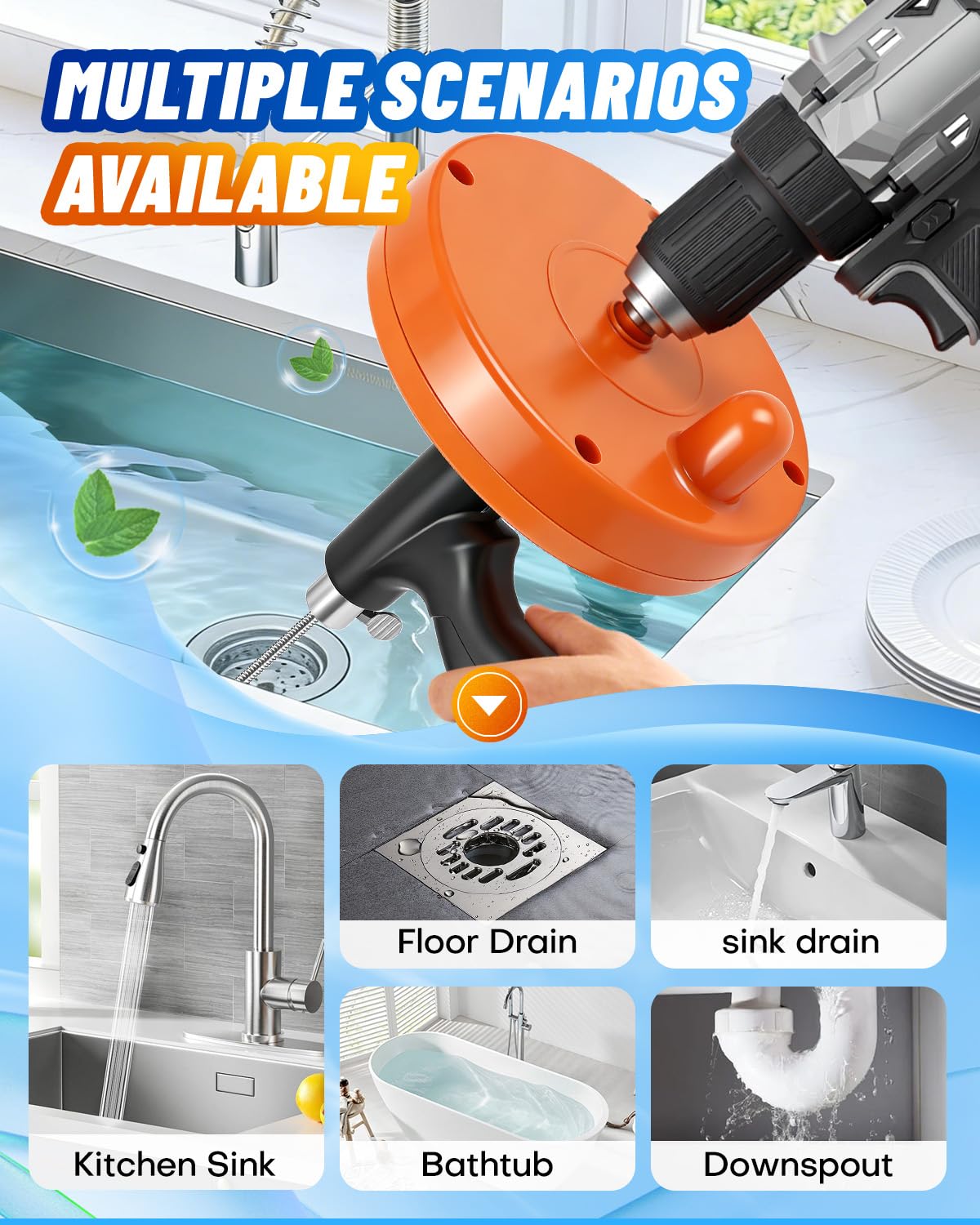 Maraiss Drain Auger, 25FT Drain Snake with Drill Adapter, Flexible Plumbing Snake Clog Removal Tool with Gloves & Cloth Bag, Use Manually or Powered for Kitchen Bathroom Shower Sink