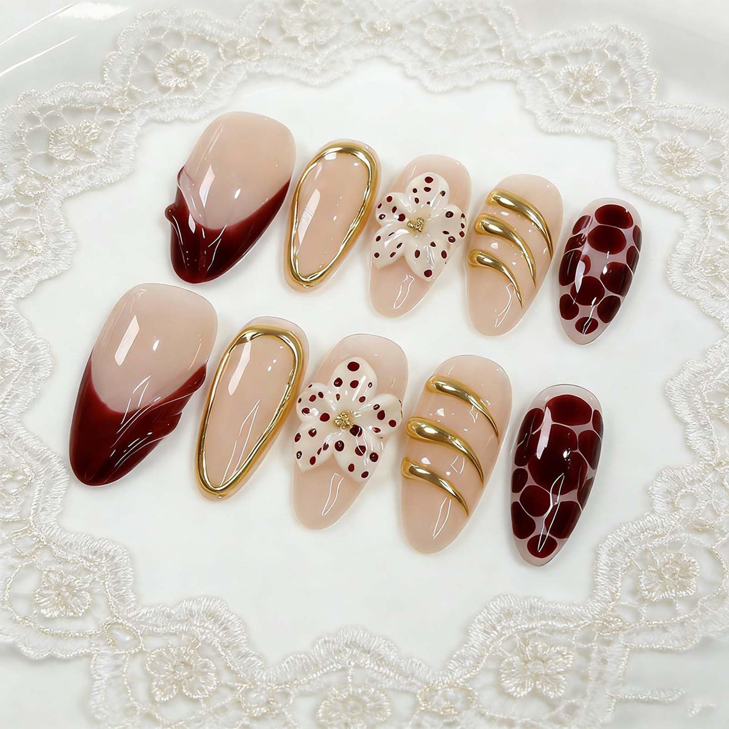 Handmade Press on Nails Almond Summer Nails Reusable 3D Flower Fake Nails French Tip Gold Accent Glue on Nails for Women 10 Count S Size