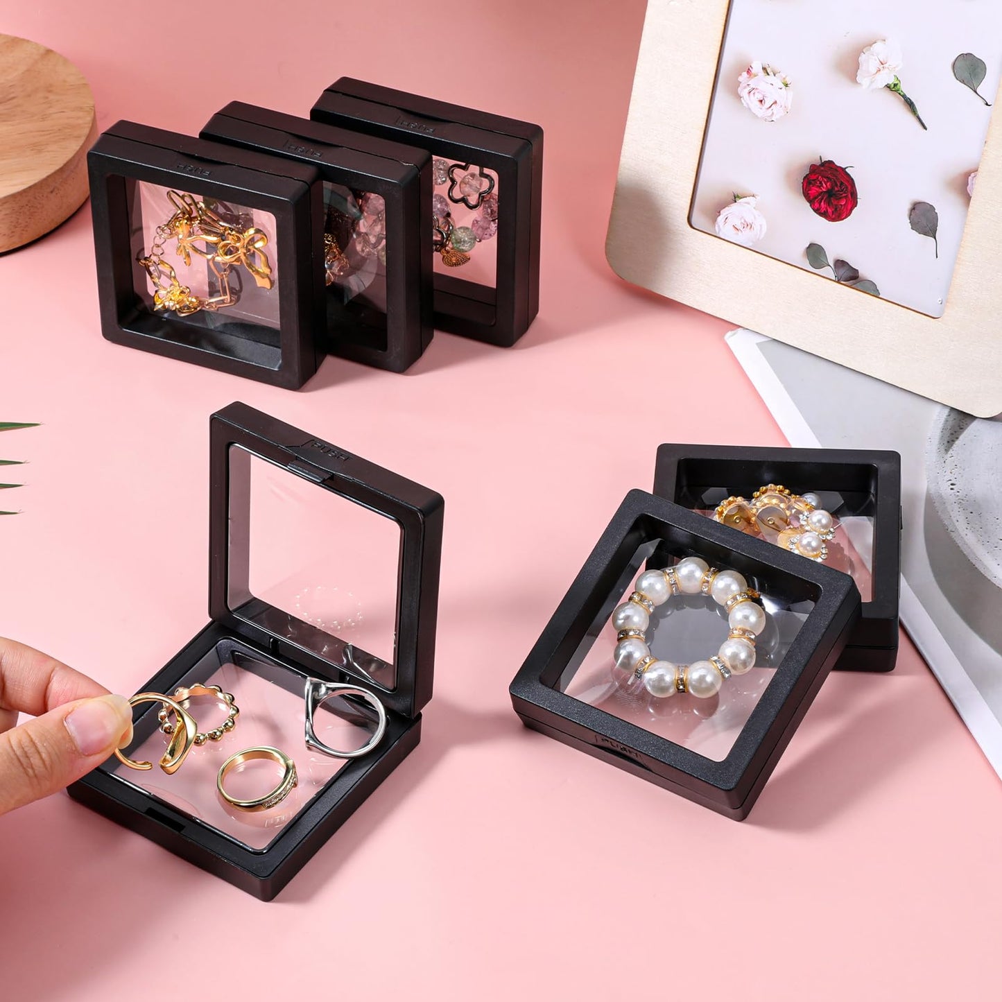 LIQWEI 60 Pcs 3D Floating Display Case, Coin Display Case Black, 2.8 x 2.8 x 0.8 Inch Coin Frame Display-Holder Stands 3D Floating Jewelry Frame for Jewelry Shells Specimen Pins