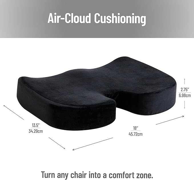 Mind Reader Memory Foam Seat Cushion, Air-Cloud Technology, Ergonomic Pressure Relief for Office, Car, and More, Relieves Hip, Tailbone, Coccyx & Sciatica Pain, 18" L x 13.5" W x 2.75" H, Black