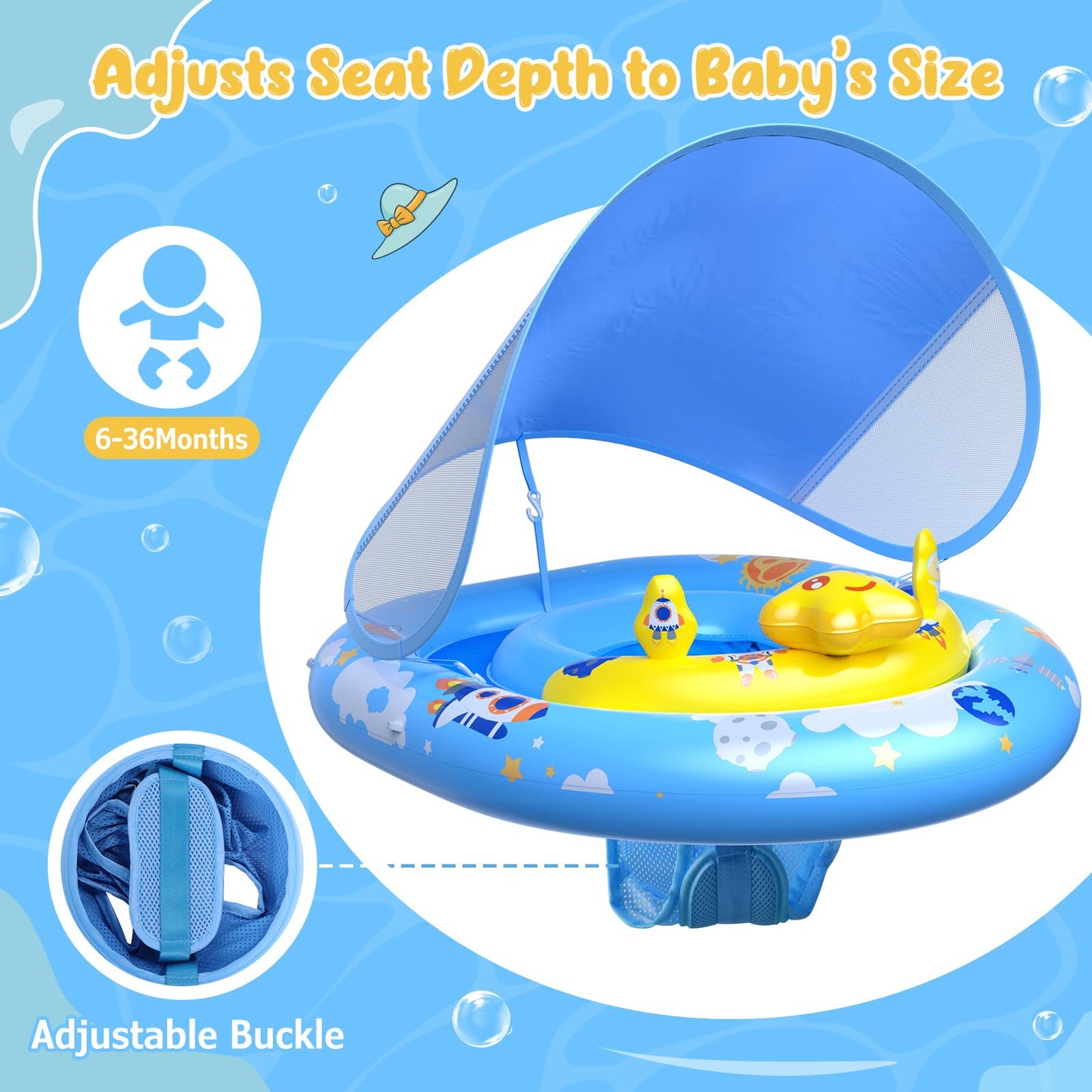 WayEee Baby Pool Float with UPF50+ Canopy - Inflatable Swim Float, Adjustable Safety Seat, Toy Play Console, Sun Protection for Baby 6-36 Months, Infant, Todder Summer Gift, Pool, Bathtub, Beach, Blue