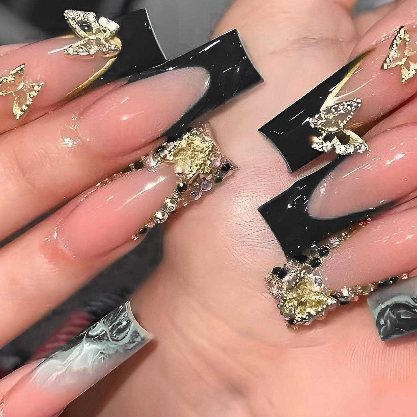 MISUD Press on Nails - Long Square Glue on Nails with Black French Tip, Acrylic Rhinestone Design 24 pcs