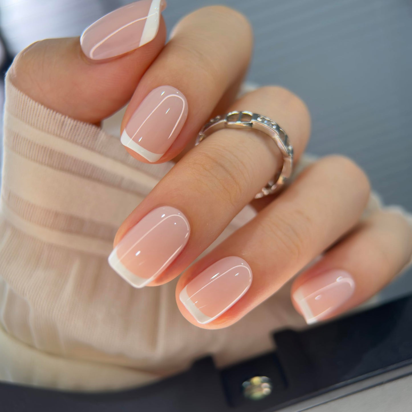 CurvLife Soft Gel Square French Tip Press On Nails Short, Silk Outline Style Reusable Fake Nails with Glue & Adhesive Tabs, 32PCS Salon-Quality Stick-On Nails for At-Home Manicure