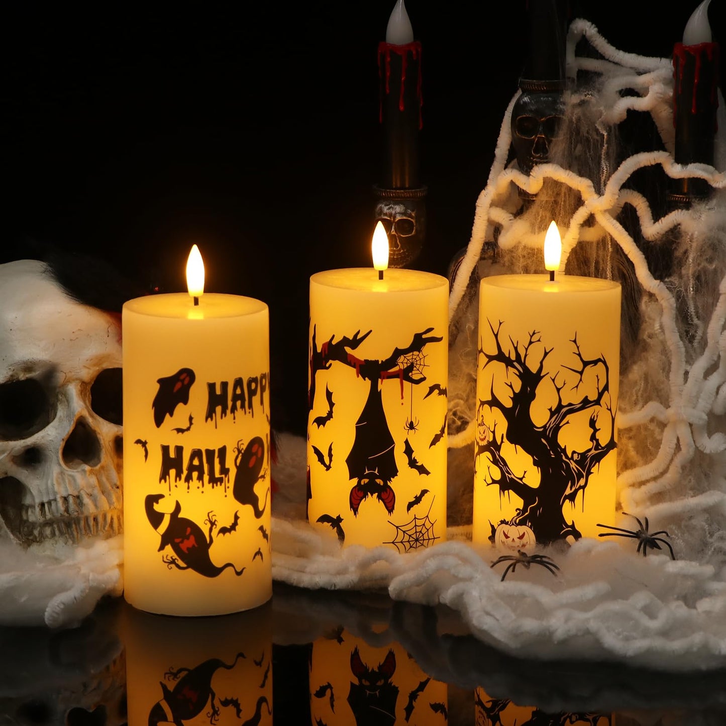 Lasumora Halloween Decorations Ghost Bat Flameless Halloween Candles with 6H Timer, Battery Operated LED Candles for Halloween Decor Indoor