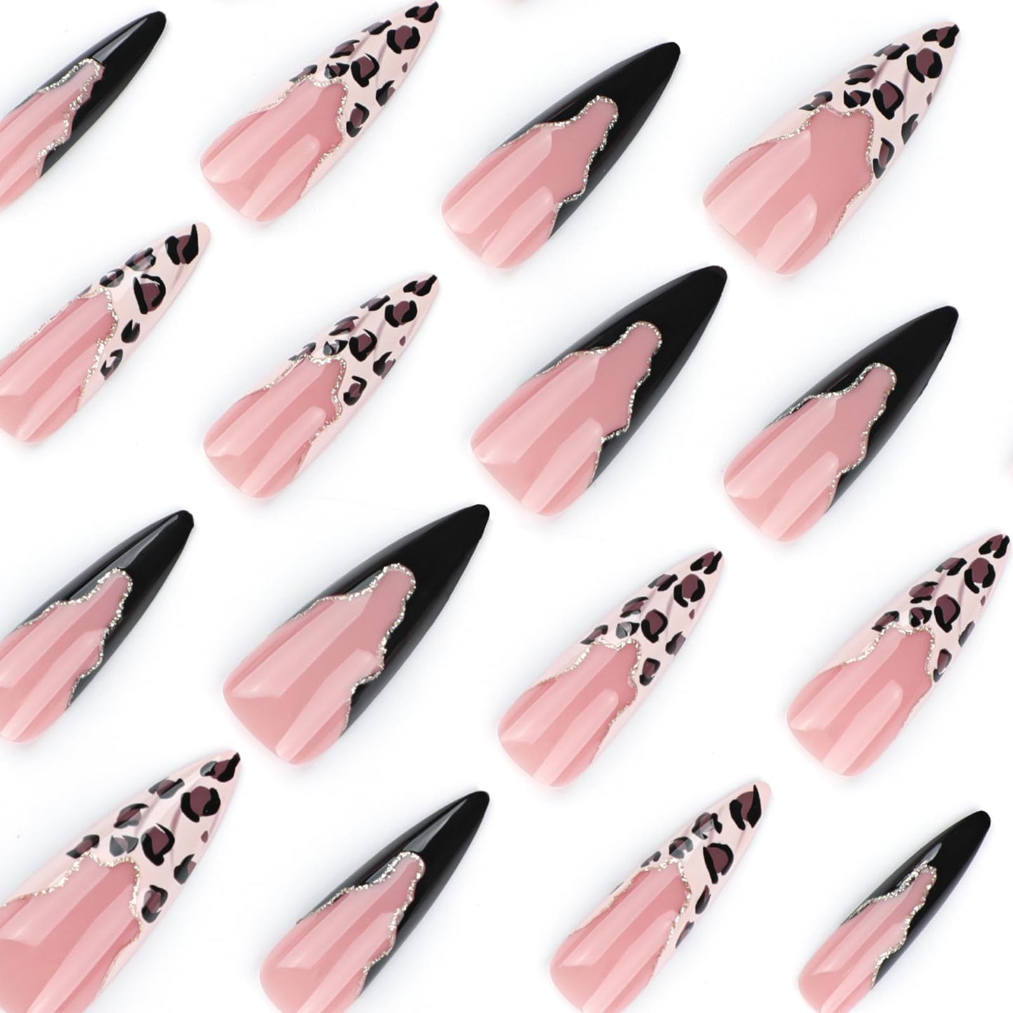 MISUD Press on Nails - Long Stiletto Glue on Nails with Black French Tip, Acrylic Cheetah Leopard Design 24 pcs