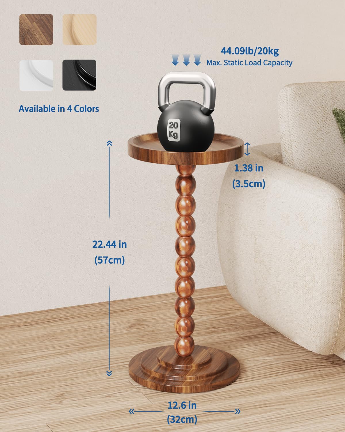 Round Wooden Side Table & Drink Table | Sturdy & Functional Mid-Century Modern Design with Solid Wood Columns for Living Room, Bedroom, Office & More