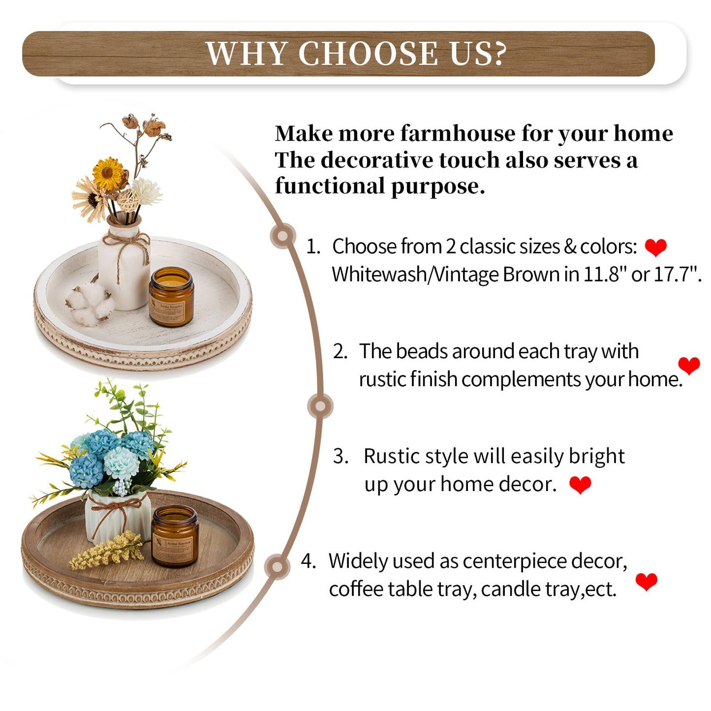 Hanobe Round Wooden Decorative Tray: White Washed Bead Tray Decor for Coffee Table Centerpiece Rustic Farmhouse Tray for Kitchen Counter Living Room Decoration
