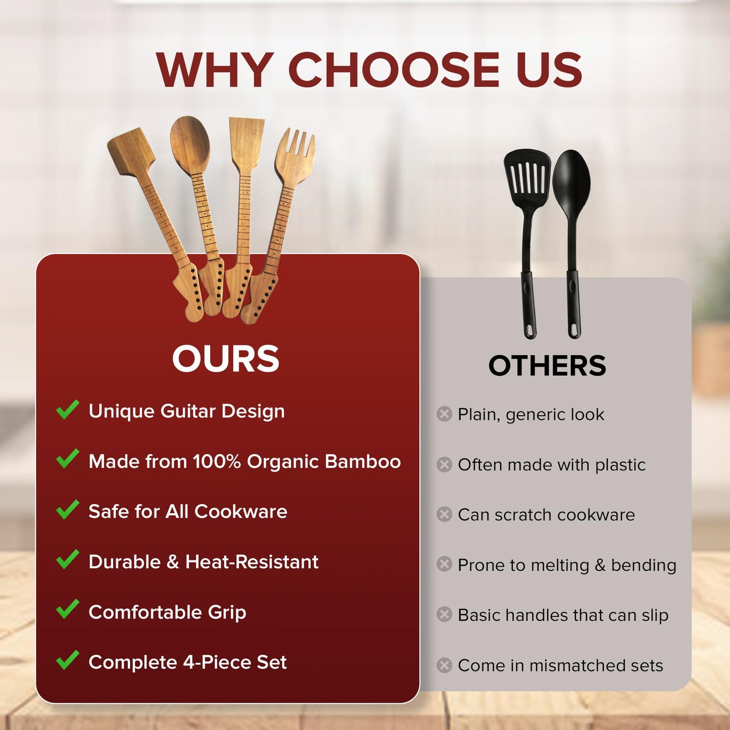 Rise8 Studios Guitar Bamboo Cooking Utensils Set (4-Piece) | Wooden Spoons and Spatulas | Fun Music Themed Kitchen Gadgets & Accessories | Unique Gift for Musicians, Guitar Players