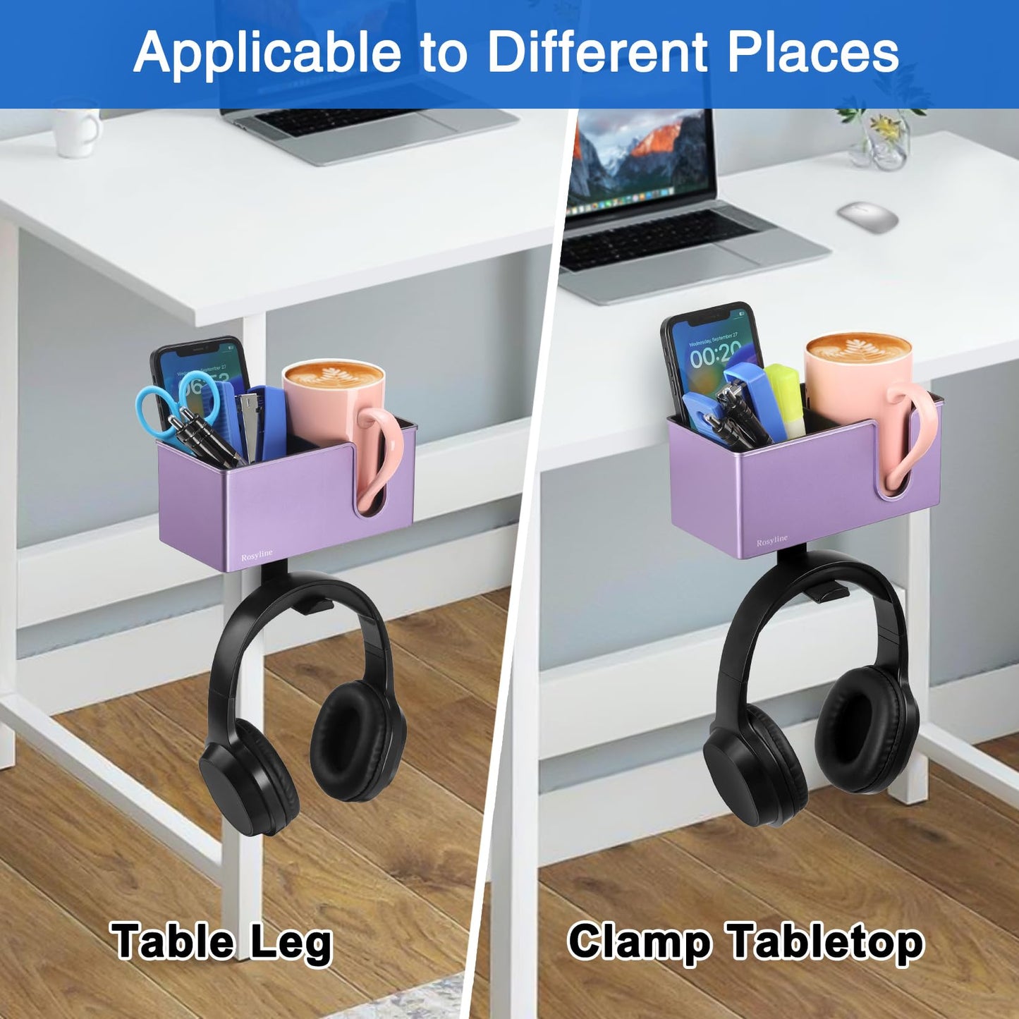 Rosyline 3-in-1 Desk Cup Holder & Clip-on Cup Holder, Clip on Desk Organizer – with Anti-Spill Function, Keeps Your Coffee, Headset, Phone & Pens Within Easy Reach, for Office Desk (Purple)