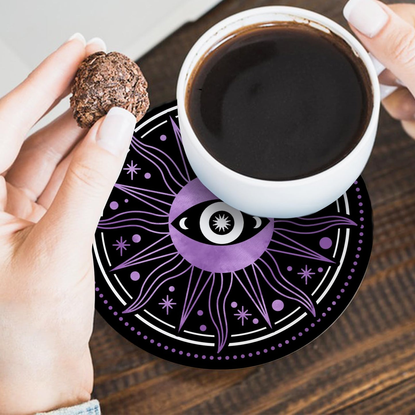 Paayna Moon Phase Sun Ceramic Coasters with Holder Set of 6, Mystical Astrology Snack Moth Absorbent Drink Cup Mat for Coffee Table Protection, 4'' Retro Dark Home Kitchen Decor Housewarming Gifts