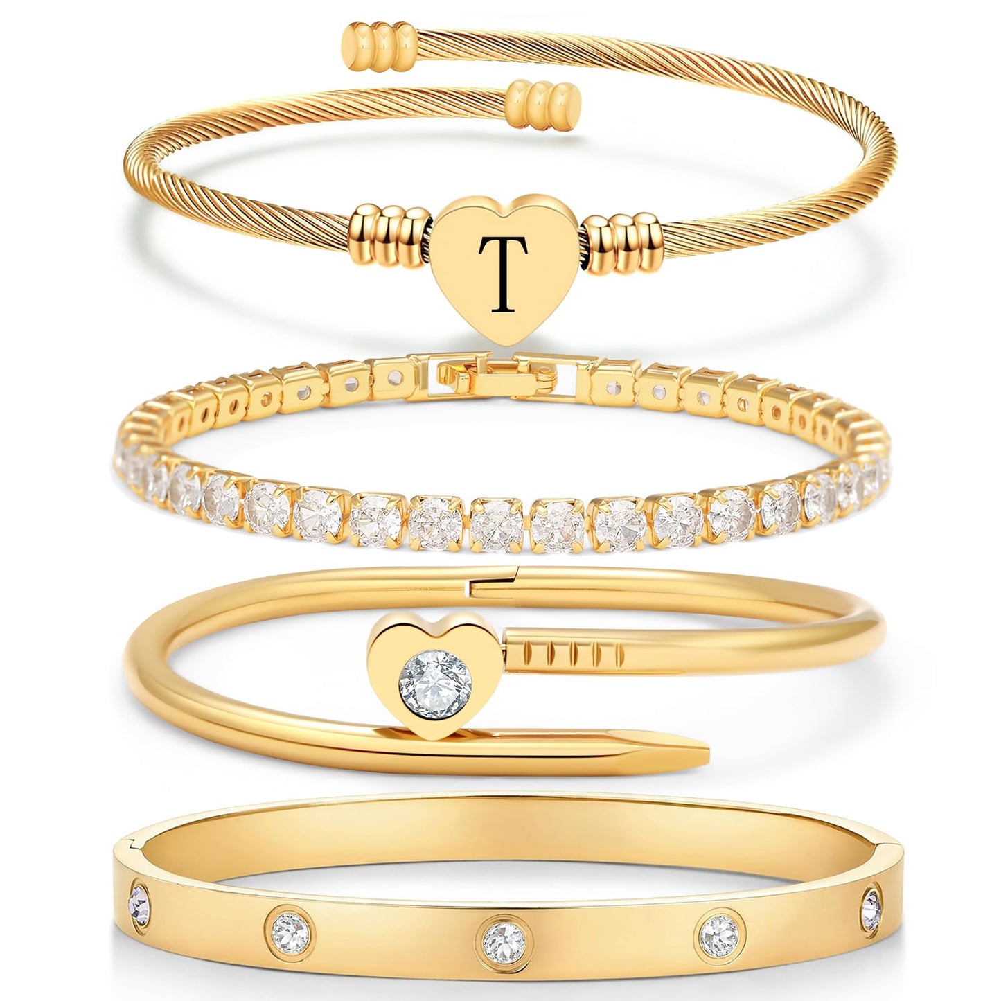 MEIERYA18K Gold Plated Nail love Bangle Bracelet Set for Women,Cubic Zirconia,Adjustable tennis bracelet Trendy Gift Jewelry for Mother's Day Anniversary (14-Style-T)