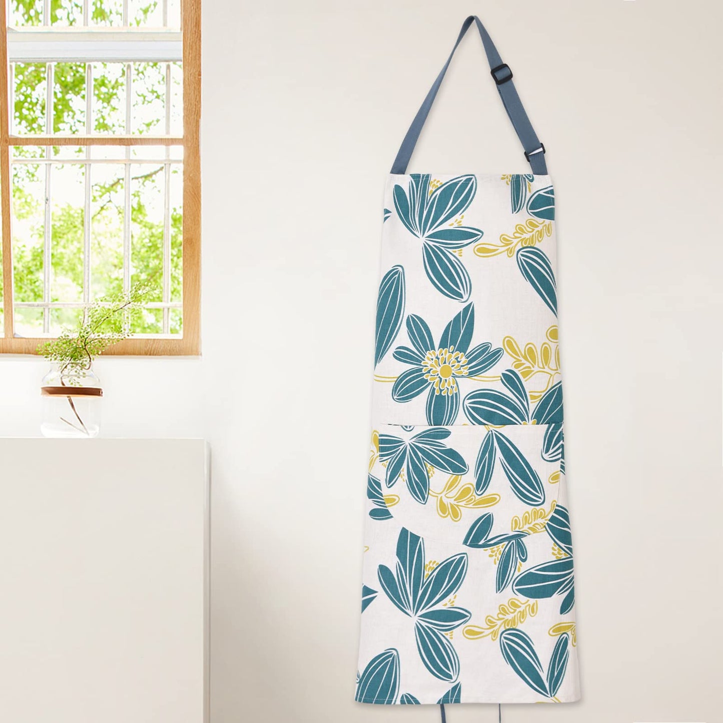 ARBINSON 2 Pack Floral Apron for Women with Pockets, Adjustable Cotton Chef Aprons for Kitchen, Cooking, BBQ & Grill (Turquoise/Leaf)