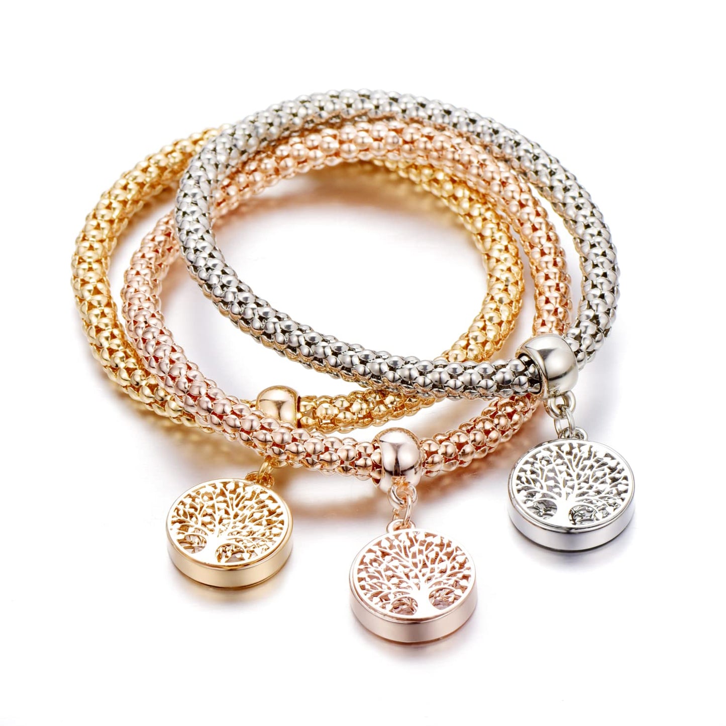 SILANER Crystal Charms Multilayer Bracelets - 3PCS Gold/Silver/Rose Gold Corn Chain Bracelet for Women, Tree of Life Heart Shaped Stretch Bracelet (12 PCS)