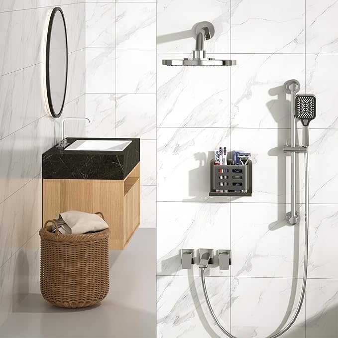 Grey Wall-Mounted Toothbrush Holder, Aluminum Material Shower Shaver Storage Rack, No Drilling Required, Removable Toothpaste Storage Rack