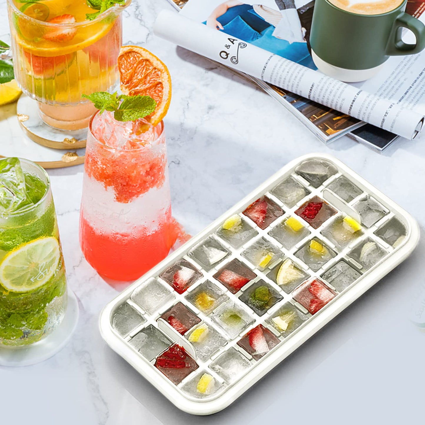 Ice Cube Tray with Lid and Bin, 2 Pack for Freezer, 64 Pcs Ice Cube Mold (White)