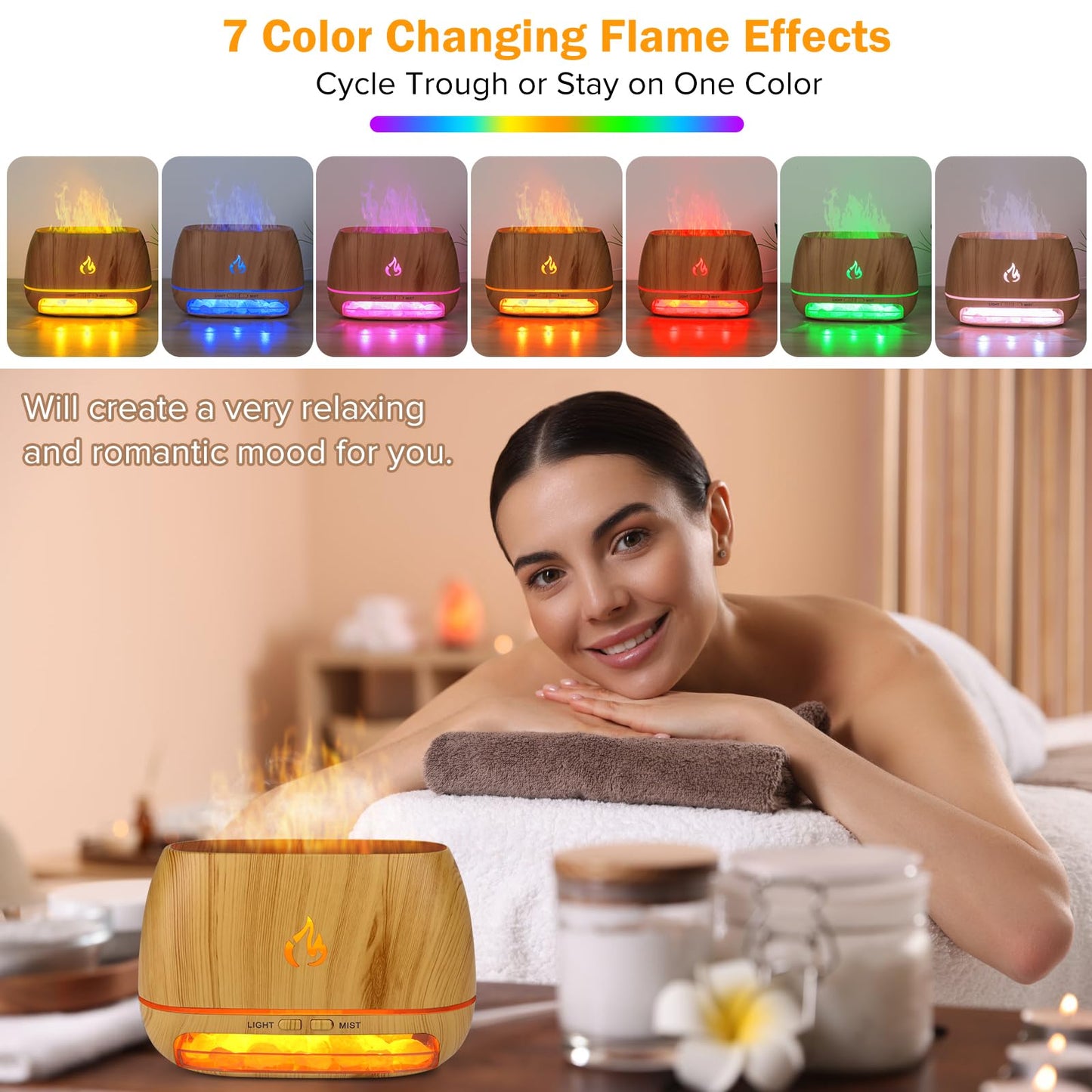 3-in-1 Ultrasonic Essential Oil Diffuser & Himalayan Salt Lamp Diffuser & 7 Colors Changing Oil Diffuser,100% Pure Himalayan Pink Salt Rock, Waterless Auto off-200ml (Wooden Grain)