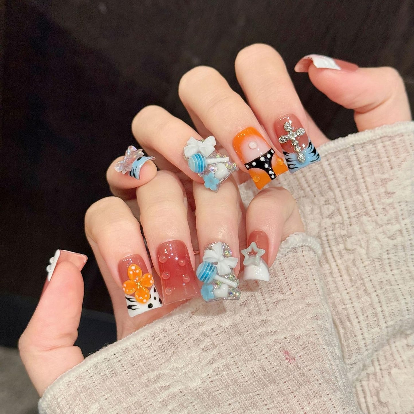 Press On Nails Handmade Short Duckbill Nails, 3D Lollipop Glossy Art Designs Reusable Acrylic Artificial Stick On Nails,False Nails Set (10 Pcs Size S)
