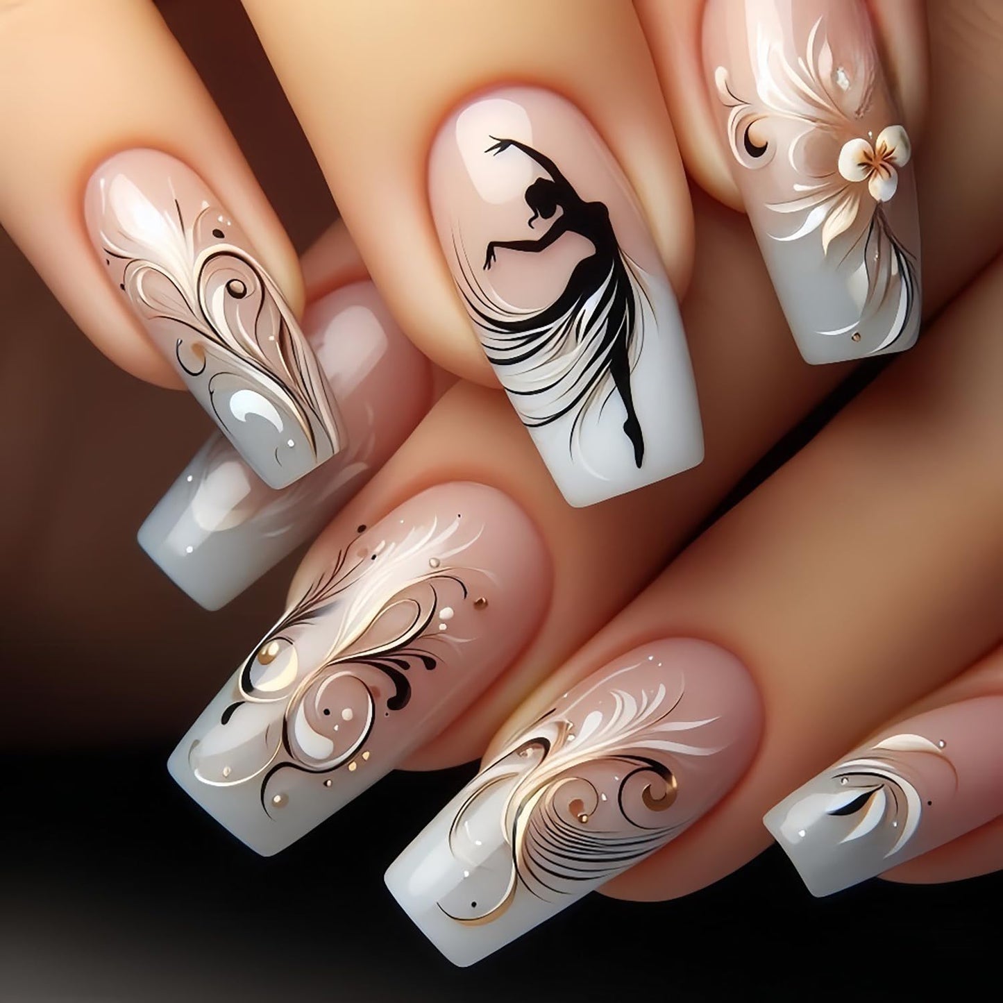 CJDLTS Ballet Dance Press on Nails Medium Ballet Shaped Gold Lines Stripes Design Gradient Acrylic Fake Nail Full Cover Glossy Medium Artificial Fingernails 24Pcs Reusable Glue on Nails for Women
