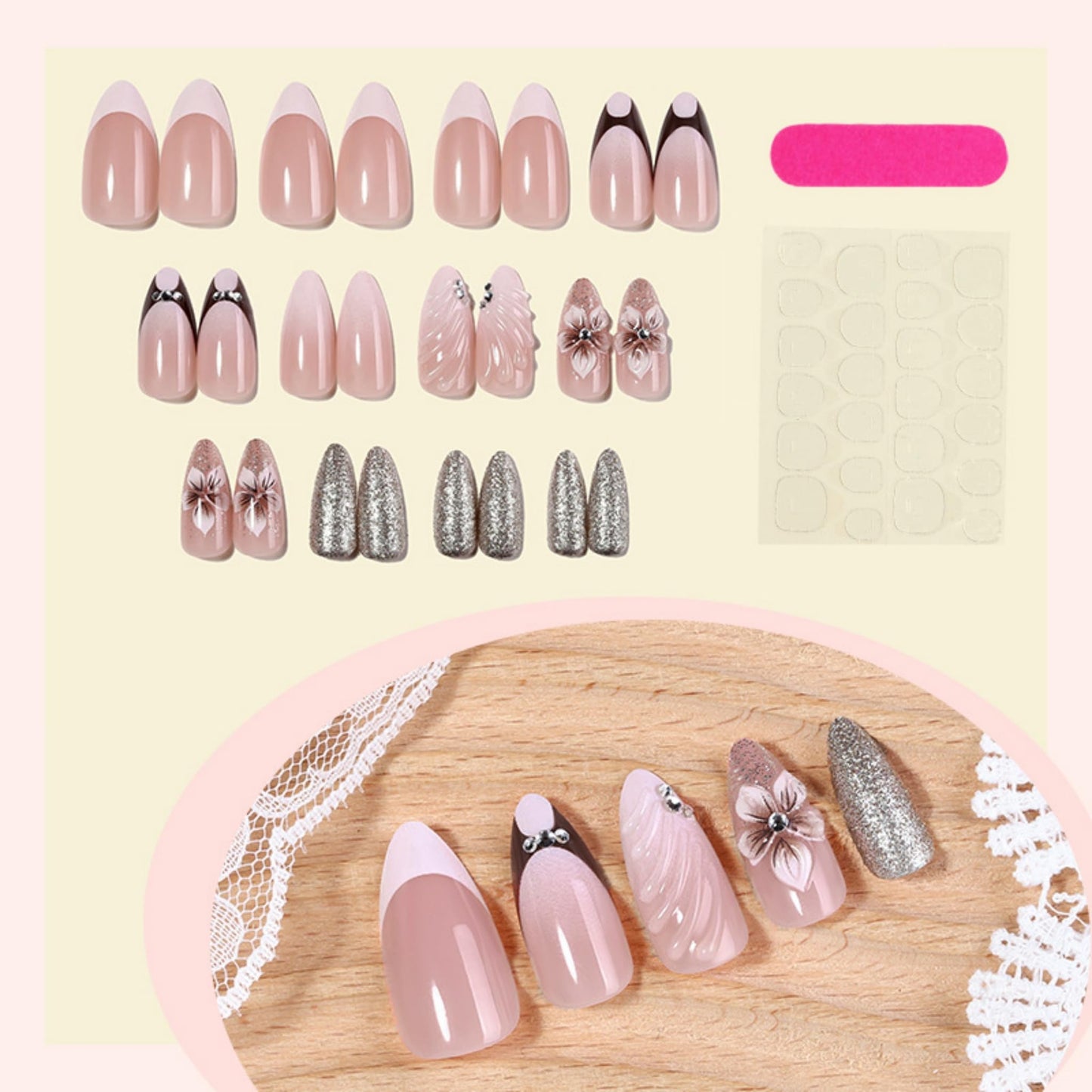Long Press on Nails Almond Fake Nails Nude Artificial Nail SEENEEY Flowers Rhinestones Designs Cute Stick on Nail for Women 24pcs