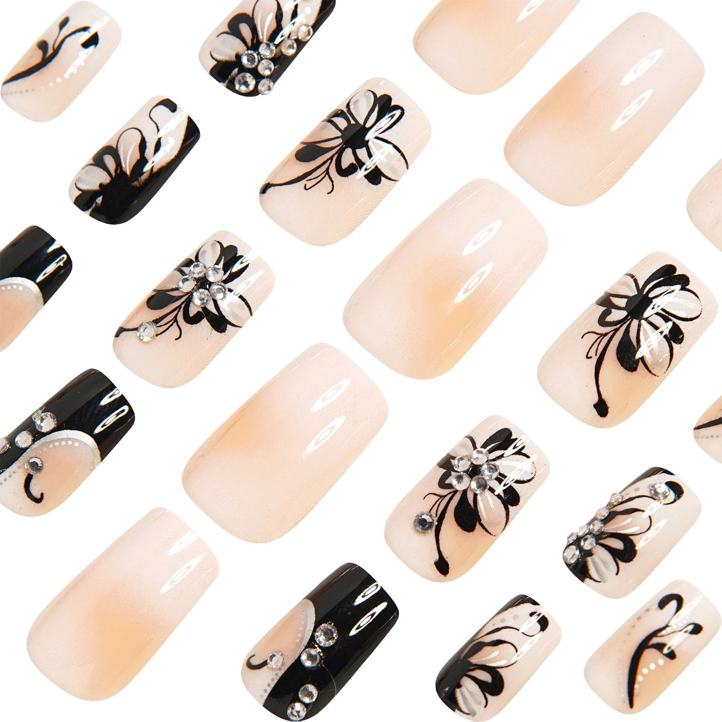 24Pcs Press on Nails Medium Square Fake Nails with Black Flower Lines Rhinestones Designs Glossy Nails Press ons Nude Gradient Glue on Nails Acrylic Nails Artificial Stick on Nails for Women