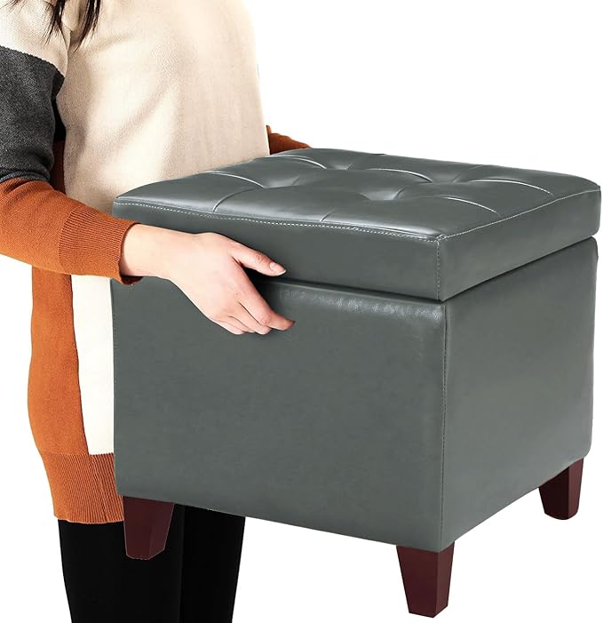 Adeco Bonded Leather Square Tufted Cubic Cube Footstool, 18" Height Storage Ottomans, with Lid, Cement Grey