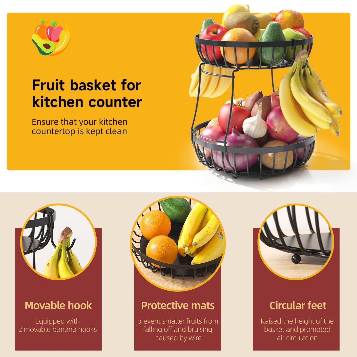 Sevenblue 2 Tier Fruit Basket for Kitchen Counter with 2 Banana Hangers, 2026 Pro Detachable Metal Fruit Bowl with Wooden Handle,Fruit Holder for Bread Snack Veggies, Black Extra Large