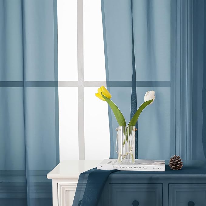 Lecloud Dusty Blue Sheer Curtains 63 Inch Length 2 Panels, Light Filtering Voile Curtain Drapes for Kitchen Bedroom Windows, Dual Rod Pocket Living Room Sheer Curtains, 40 W x 63 L Inches