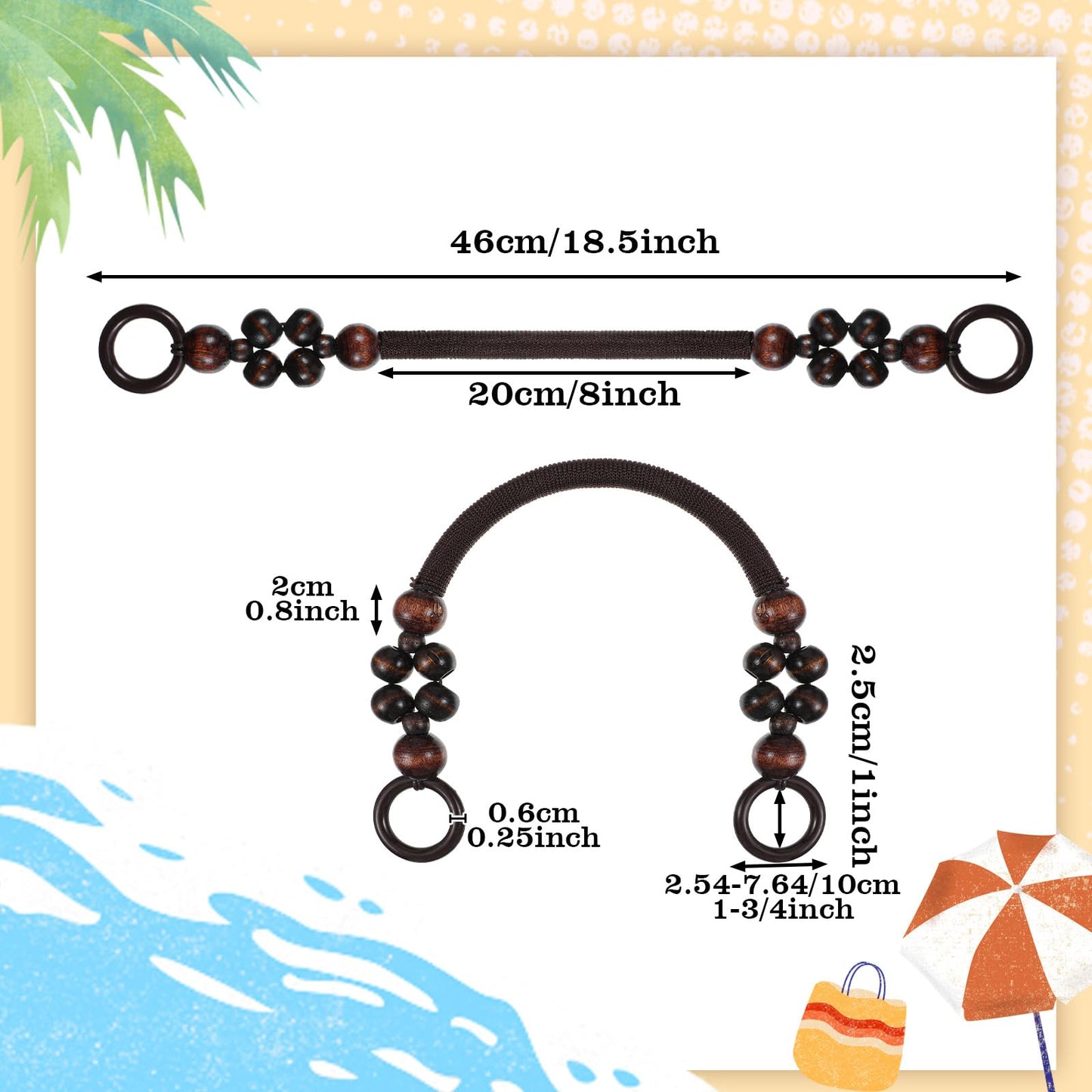 10 PCS Wooden Beaded Purse Handles, 5 Colors Rustic Bead Purse Strap Handles Replacement, Nylon Bag with Beads and Rope for Summer Beach Macrame Crochet Bag DIY Supplies (18.5 in)