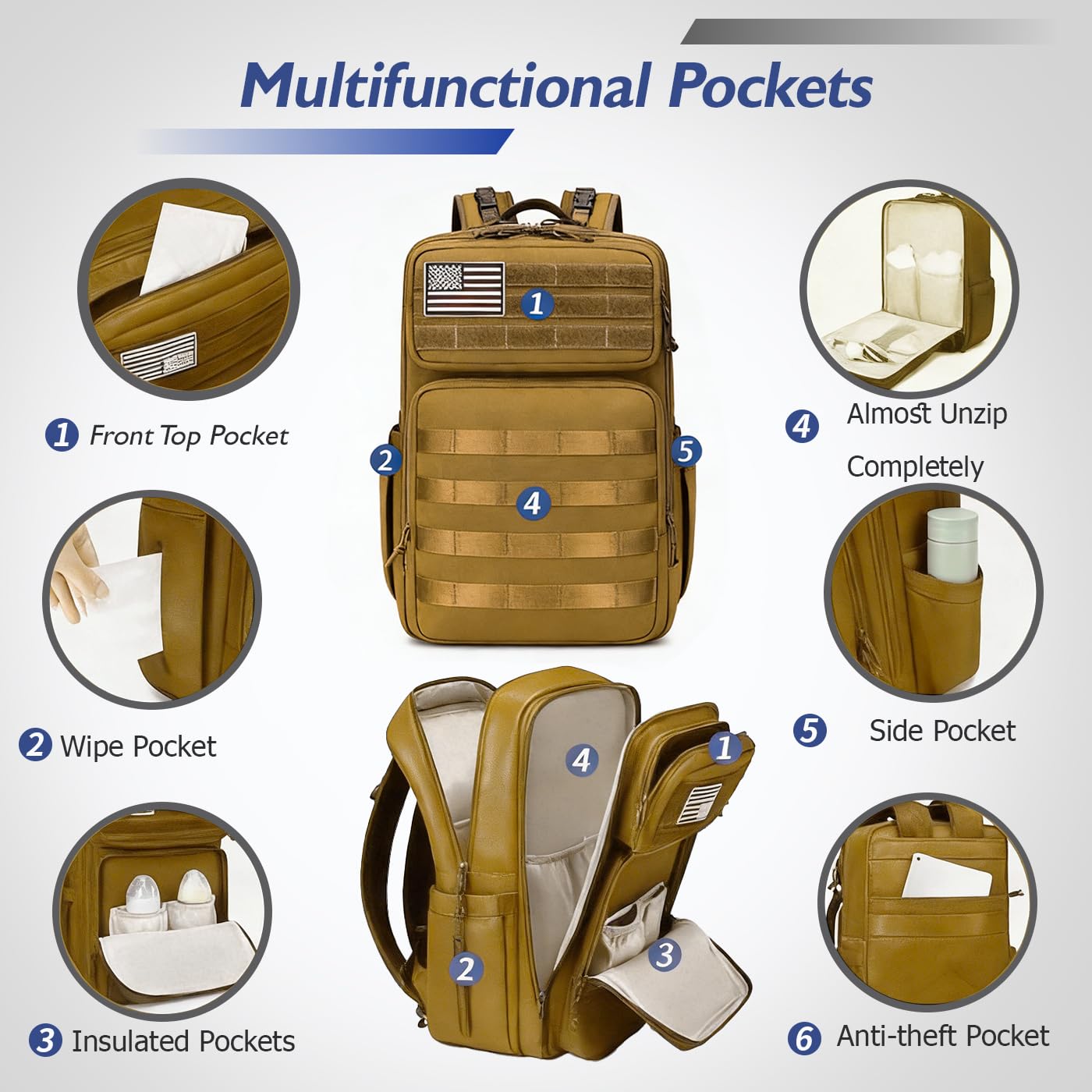 LORADI Dad Diaper Bag with Insulated Pockets, Stroller Clips and Luggage Sleeve for Travel, Large Tactical Diaper Bag for Men, Brown