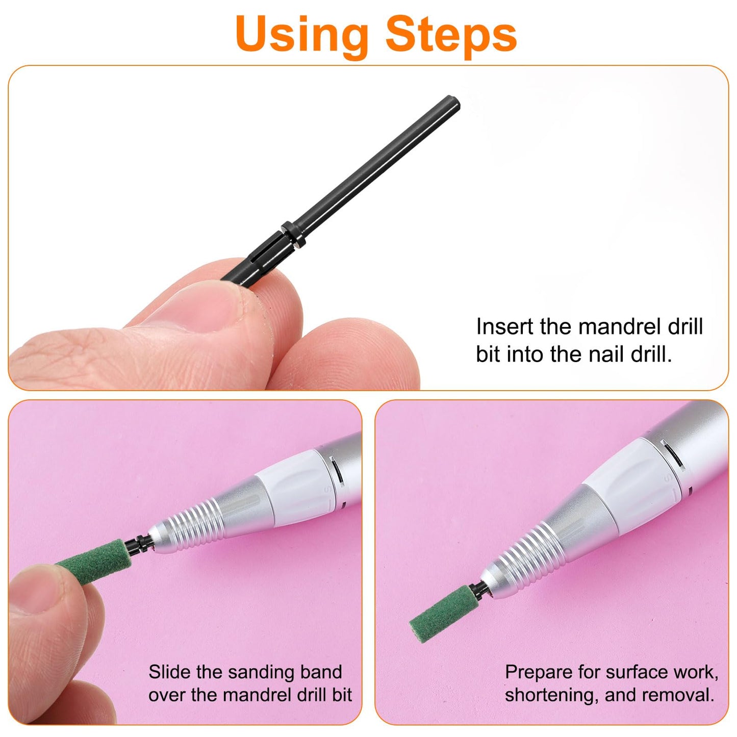 HARFINGTON 2pcs Small Mandrel Bit for Sanding Band Nail Drilling, 3mm (1/8") Mini Stainless Steel Nail Sander Drill Bit for Electric Drill File Machine, Manicure Nail Tool, Black