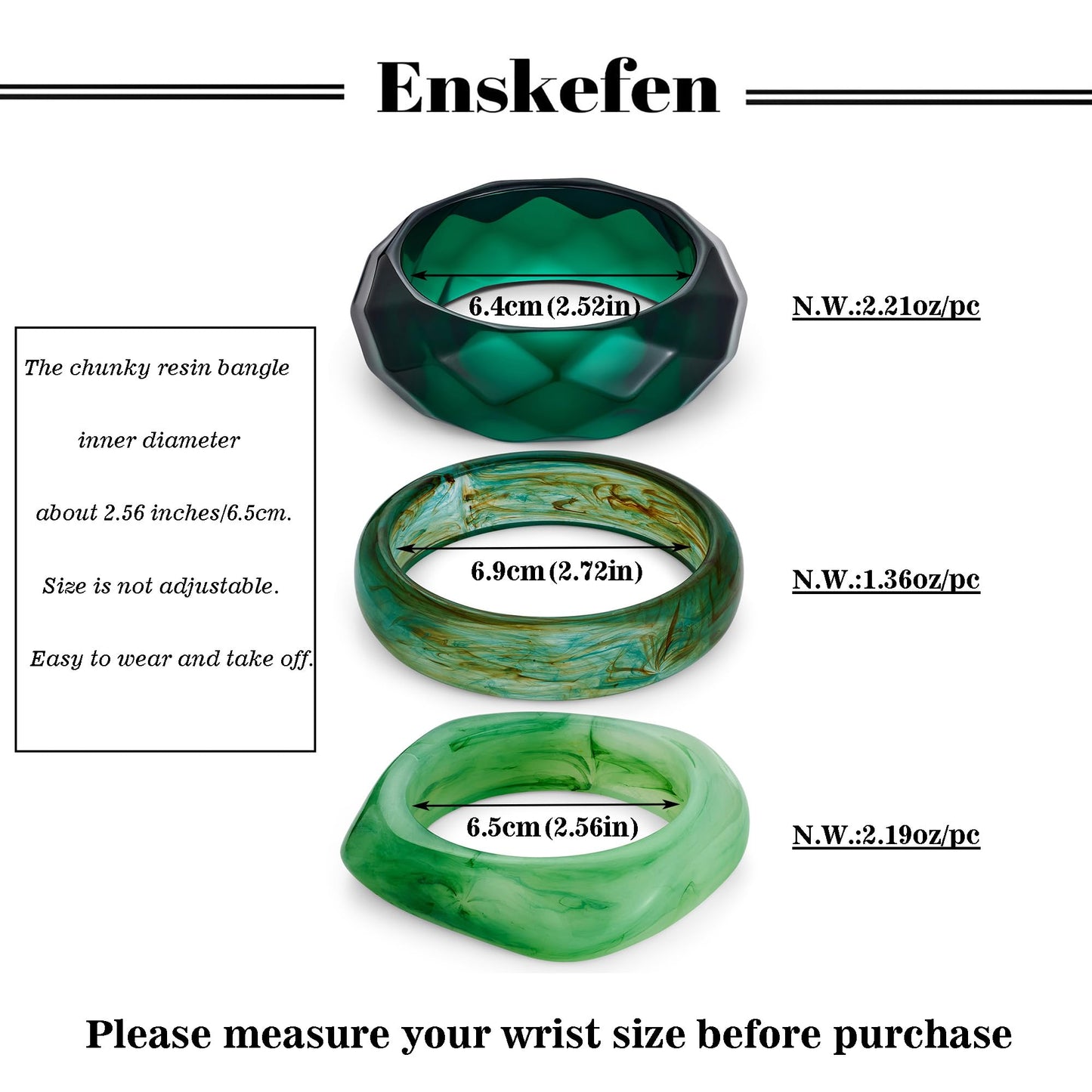 ENSKEFEN 3PCS Green Acrylic Resin Bangle Bracelets for Women Chunky Geometric Round Square Statement Bracelet Bold Wide Irregular Punk Acrylic Resin Bangle