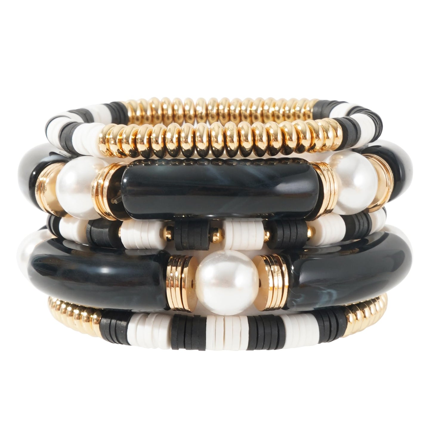 GOOJIDS Simple Beaded Gold Plated Bangles Bracelet Chunky Bamboo Tube Curved Stacking Clear Acrylic Colorful Beads Stretchable Gold Plated Bracelets Set For Women