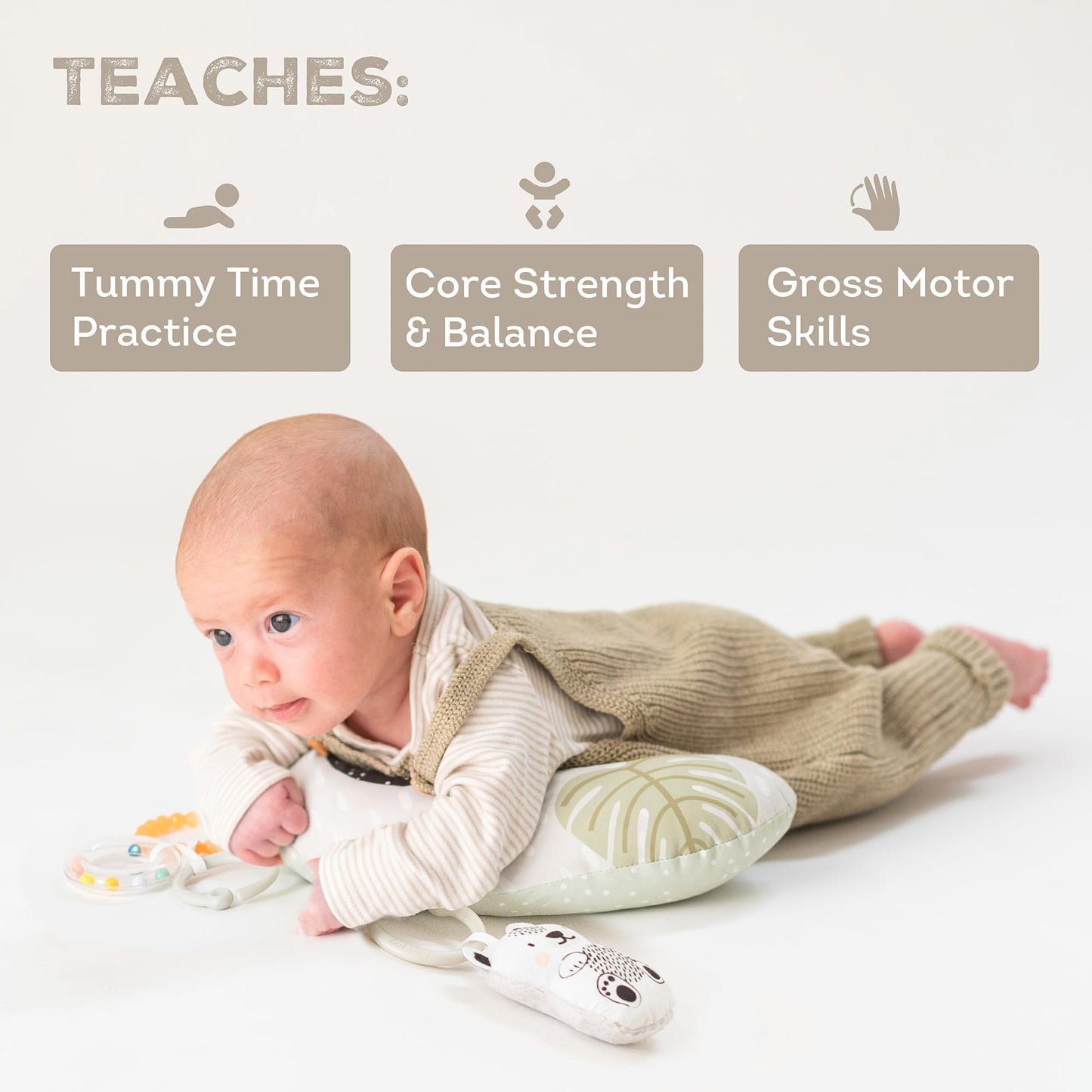 Taf Toys Ergonomic Tummy Time Support Toy with Teether and Rattle - Soft and Supportive Baby Toy for Enhanced Motor Skills Development