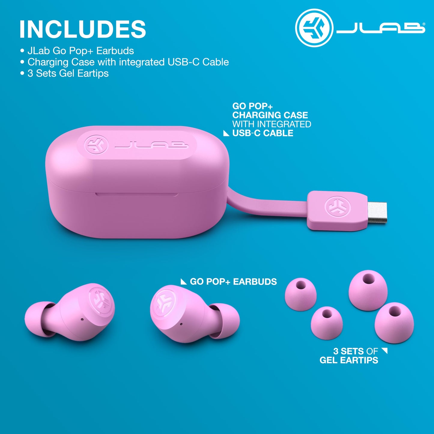 JLab Go Air Pop+ True Wireless Bluetooth Earbuds in Pink Plus Cloud Foam Mnemonic Earbud Tips