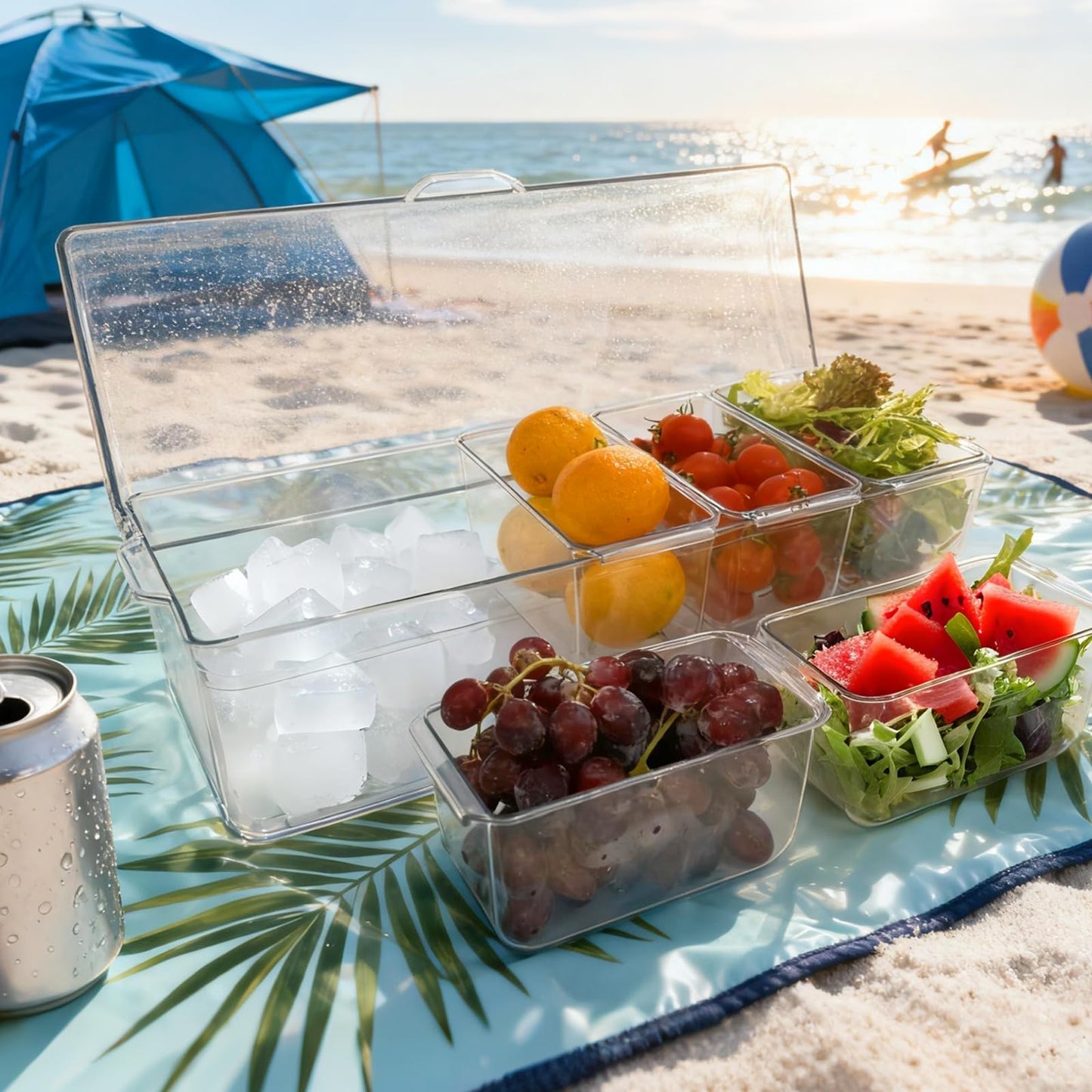 Pesilo Ice Chilled Condiment Server, 5 Removable Compartments Condiment Containers with Lids Drain Plug, Clear Garnish Tray Serving Platter Holder for Caddy Fruit Snack Sauce Taco Salad Bar Supplies