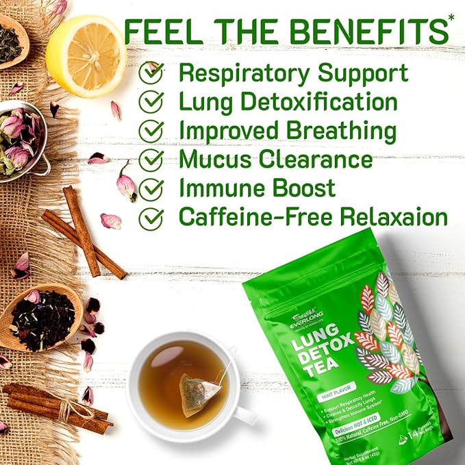 EVERLONG Lung Detox Tea – Mullein Tea with Thyme, Ginseng, Lungwort, Eucalyptus, Liquorice, Spearmint and Sage for Lung Cleanse and Respiratory Health – 14 Herbal Tea Bags, All Natural, Caffeine-Free