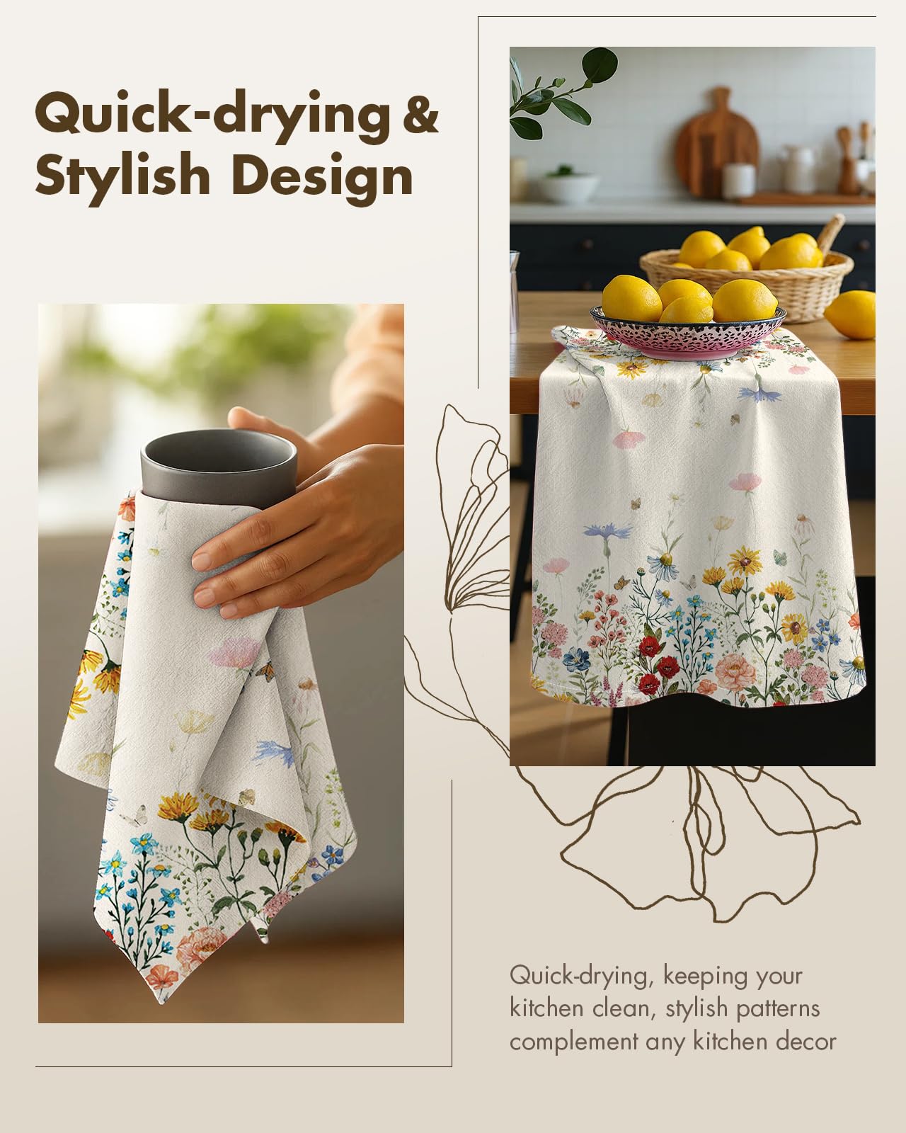 Miss Adola Flour Sack Kitchen Towels - Set of 2 Cotton Dish Towels with Hanging Loop Decorative 18x26 Inch Absorbent Cute Design for Housewarming Gifts, Retro Floral