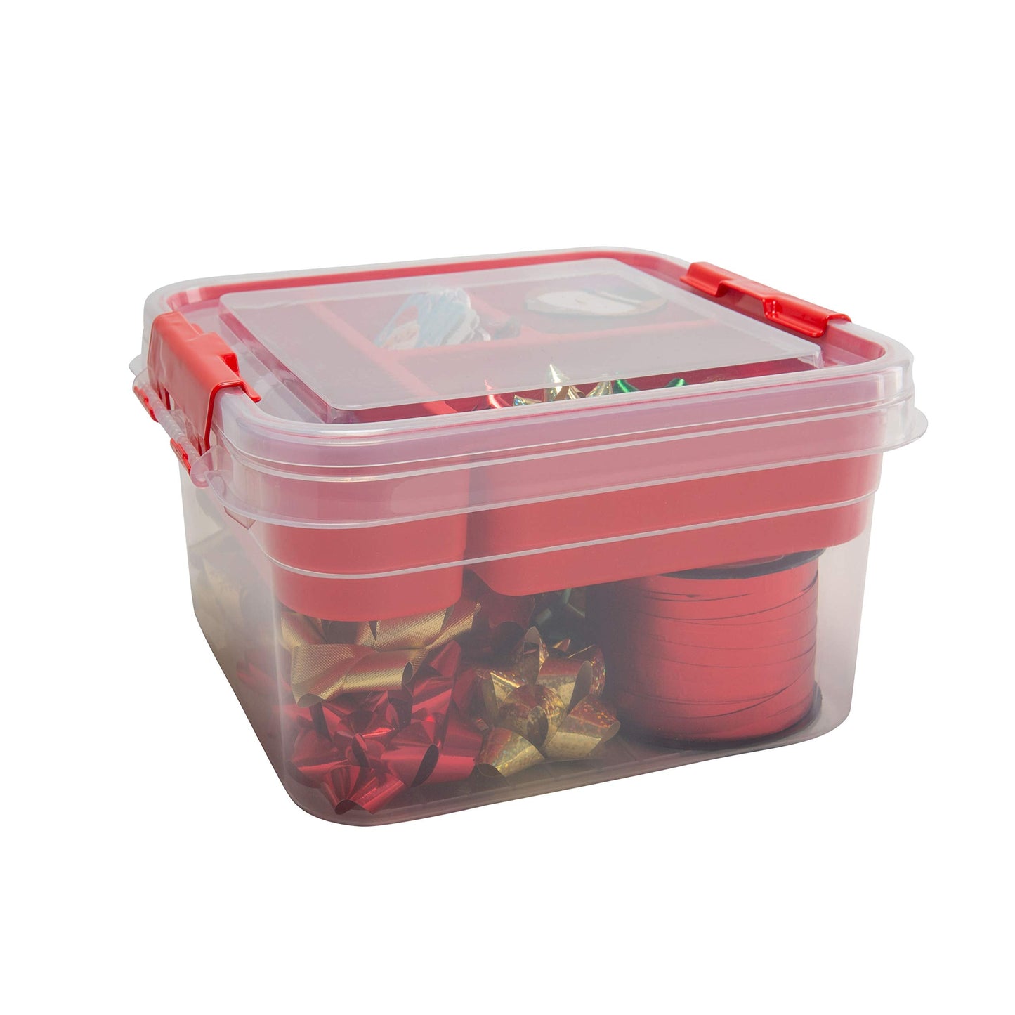 Simplify 5 Compartment Gift Supply Storage Box | 2 Tier Box | Red | Clear Top Lid | Dimensions: 9.5"x 9.5"x 4.5" | Snap Handle| Storage | Wrapping Accessories