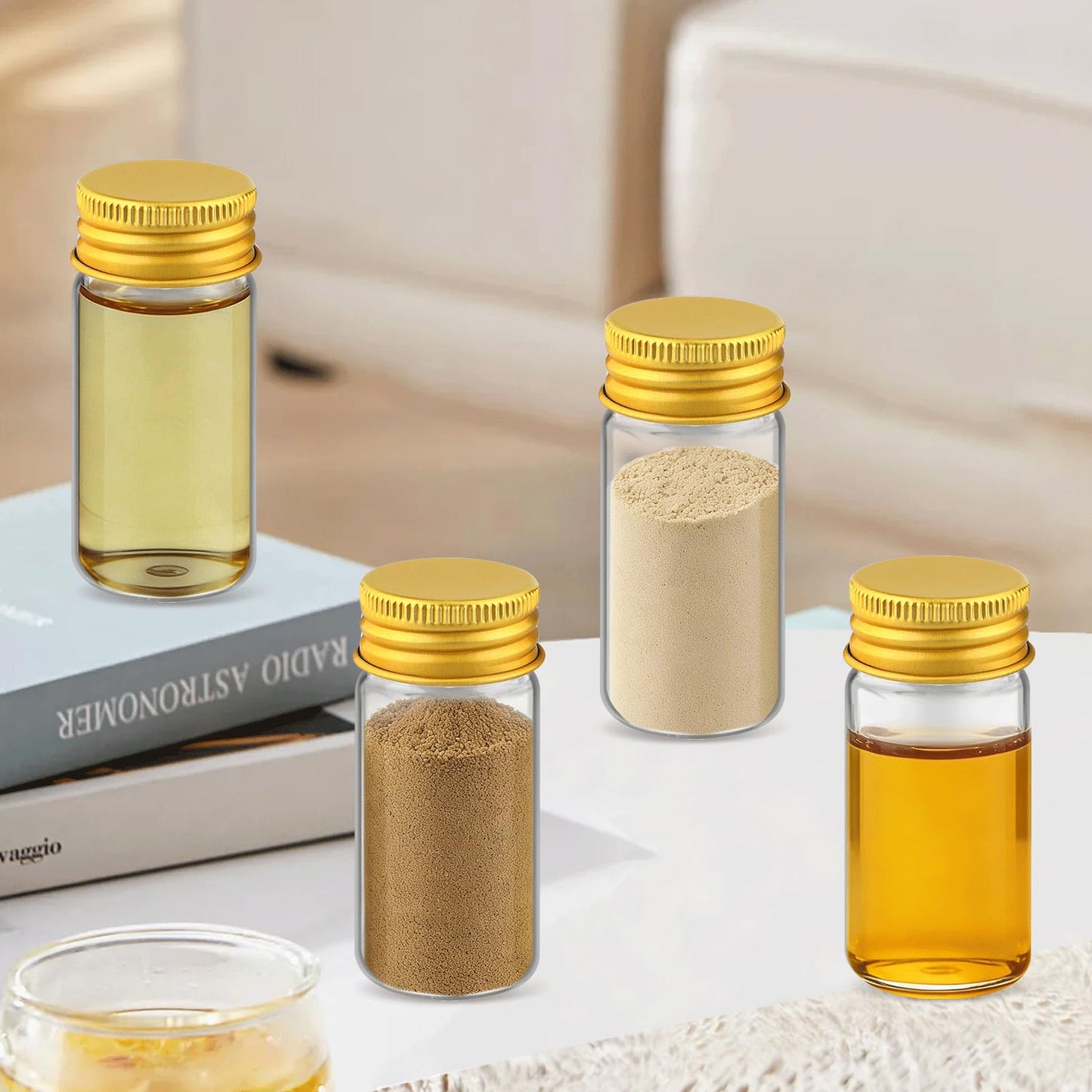 30 Pcs Empty Clear Glass Vials With Aluminum Lids Small Glass Bottles Sample Bottles Seal Jar Storage Containers For Liquid Powder Cosmetic DIY Art Craft (gold lids, 30ml/1oz)