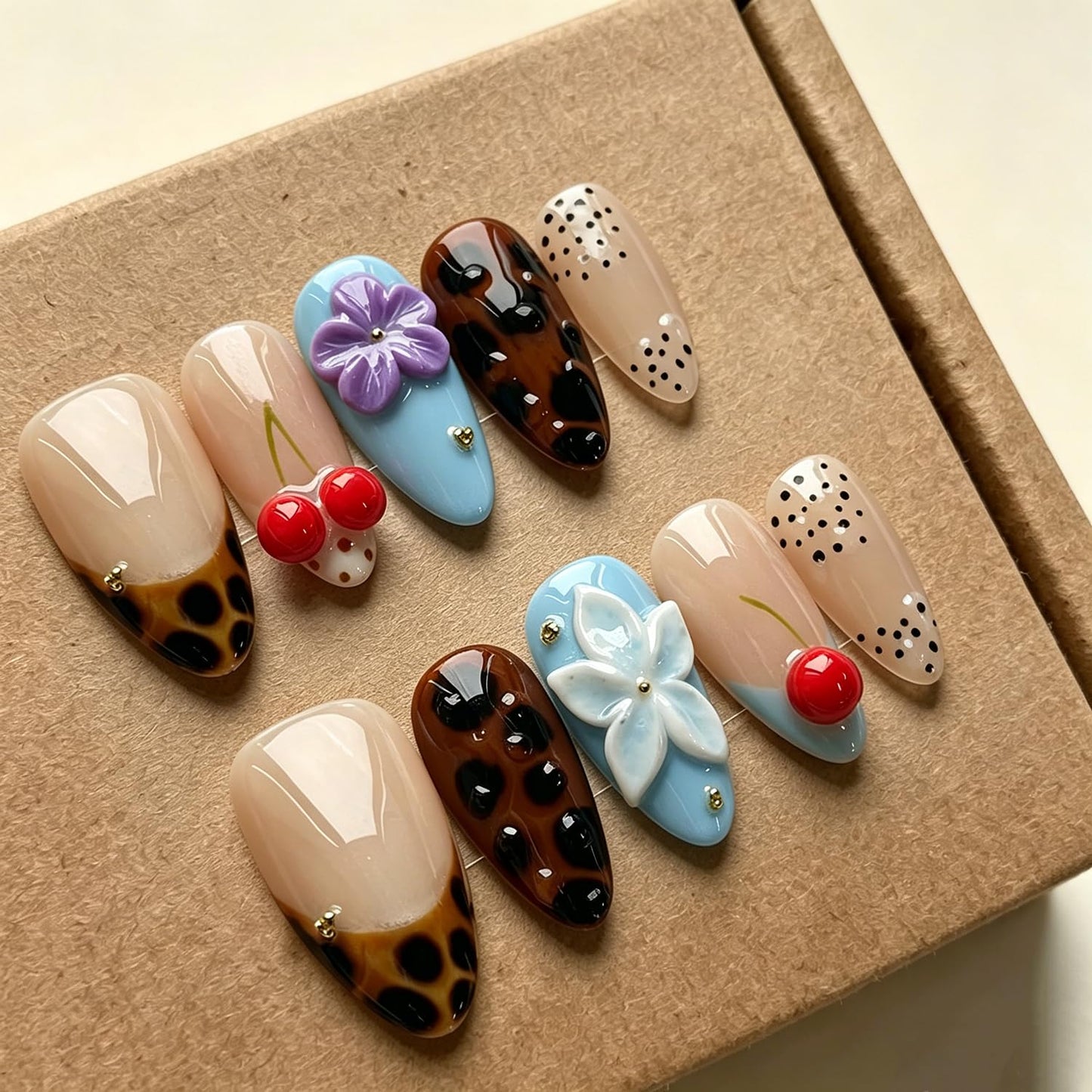 Luxury Press on Nails Short Almond Handmade 3D Unique Reusable ABS Material Fake Nails French Tip False Nails with Designs Flower Cherry Leopard Print Glossy Glue on Nail Thick Acrylic Nail(M)