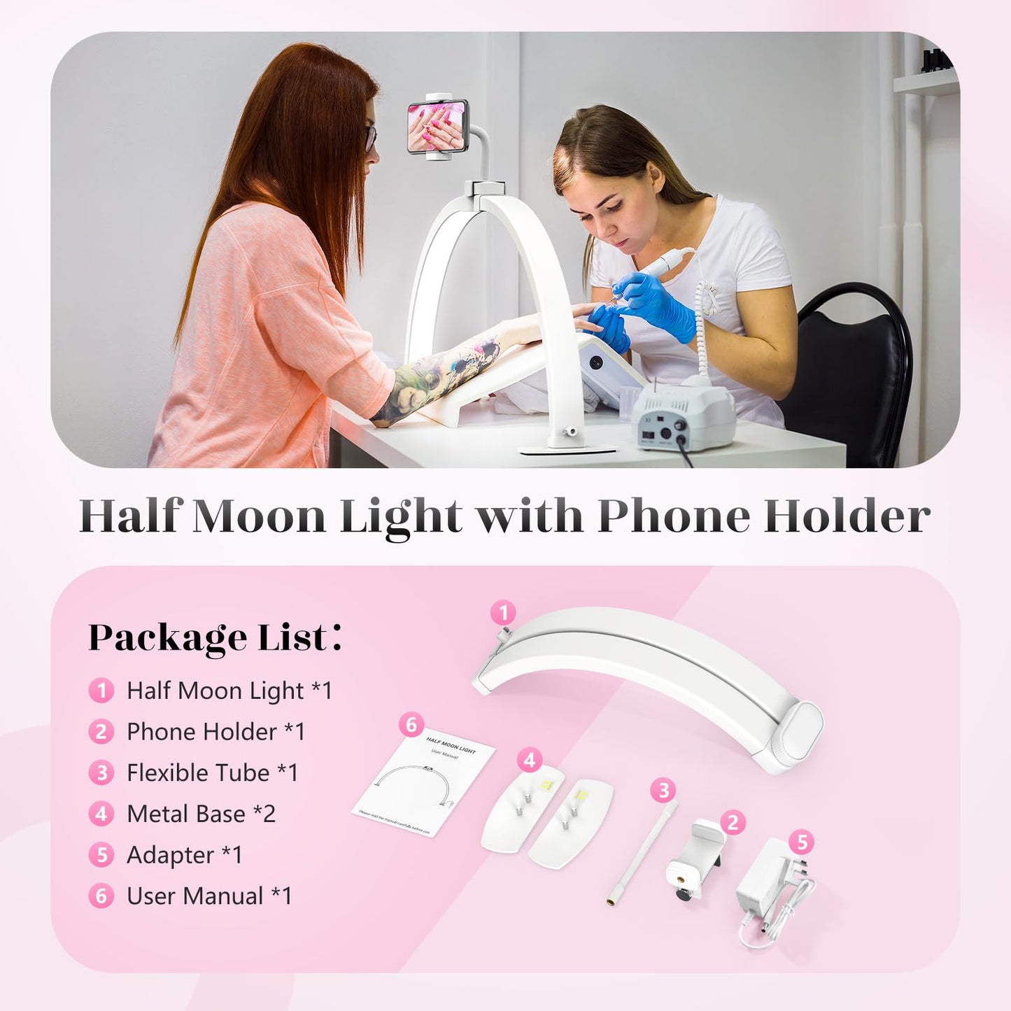 Yokilly Half Moon Light for Nail Desk: 23" Foldable Half Moon Desk Lamp with Phone Holder for Beginner - Arch Nail Tech Light with 3 Color Modes & 10 Brightness for Manicure Salon (White, Small)