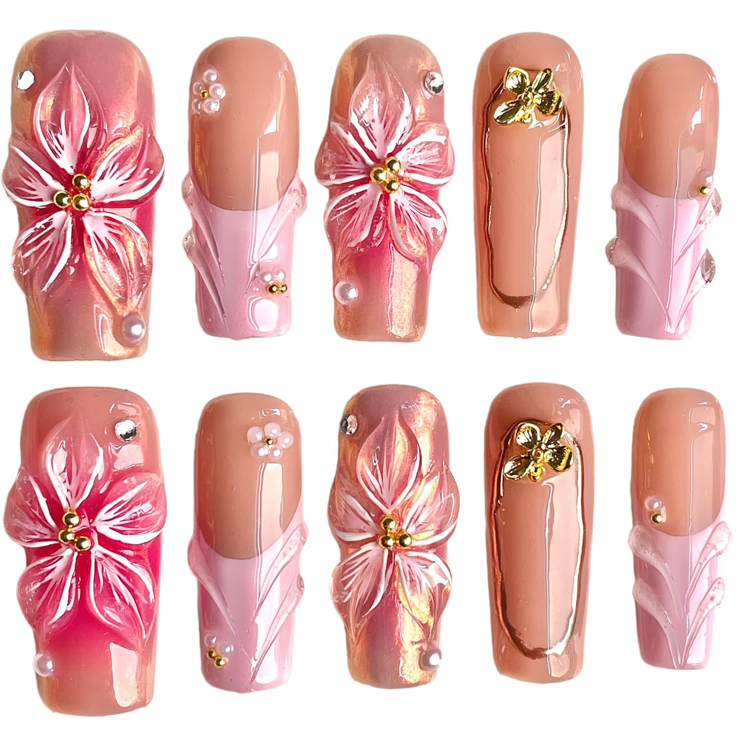 Handcrafted Press on Nails, 3D Floral Pink on Blush Nude Fake Nails, Long/Medium Square Shape, Reusable Acrylic False Nails Filigree Bloom (M)