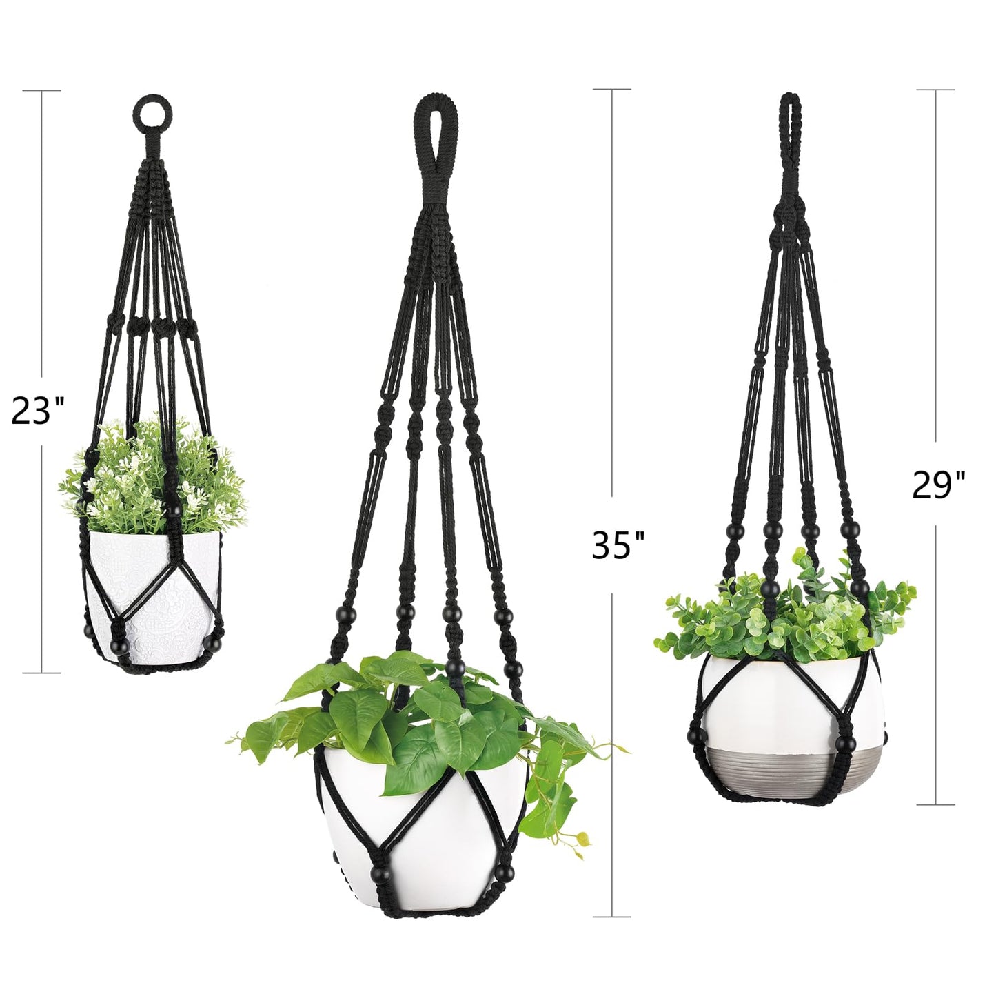 Mkono 3 Pack Macrame Plant Hangers Indoor Different Size Hanging Planter Basket Flower Pot Holder with Beads No Tassels 35"/29"/23", Medium, Black