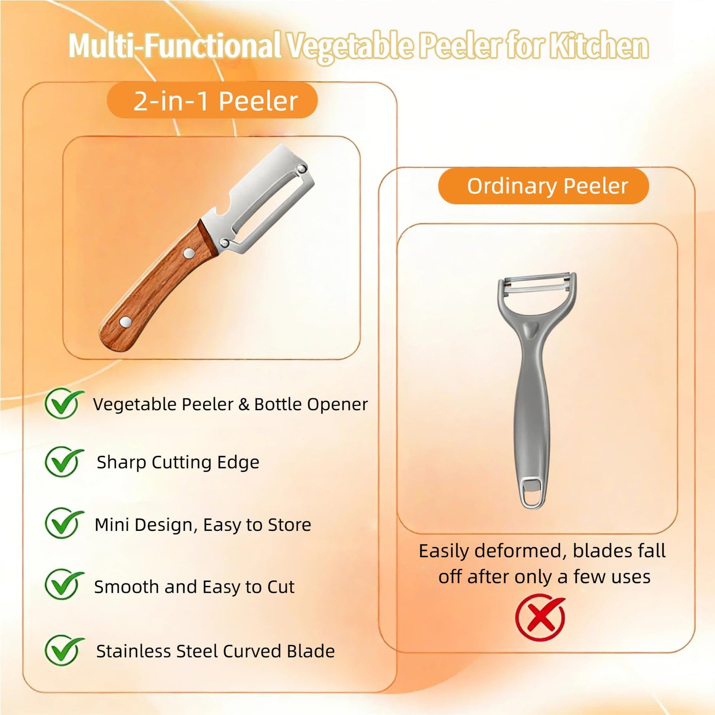 Vegetable Peelers for Kitchen, Multi-functional Vegetable Peeler for Kitchen,Peeler with Wooden Handle and Bottle Opener