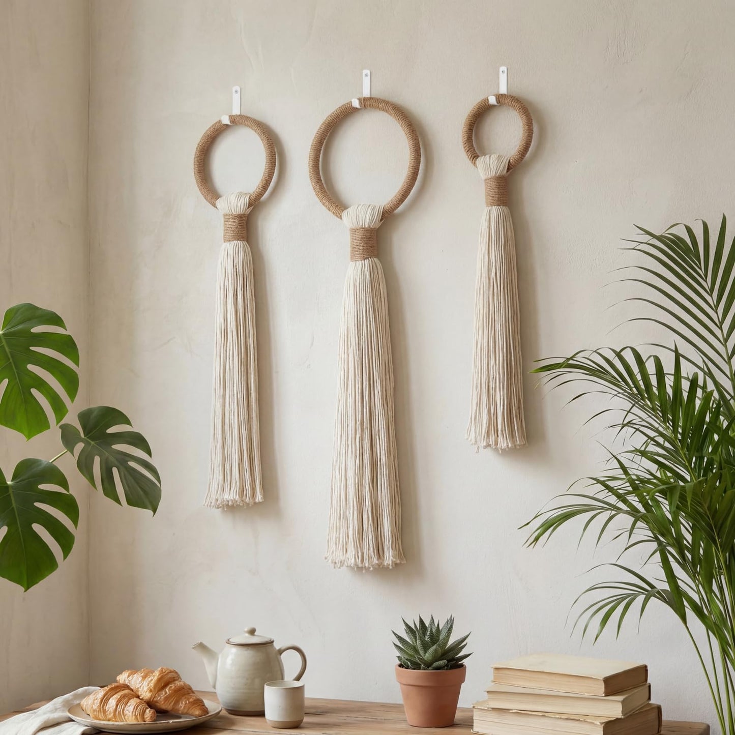 Tegeme 3-piece Macrame Wall Hanging Large Boho Wall Decor Set Extra Large Beige Boho Spherical Knot Tapestry with Long Fringe Handmade Cotton Yarn Art for Living Room Bedroom Nursery Dinning Room