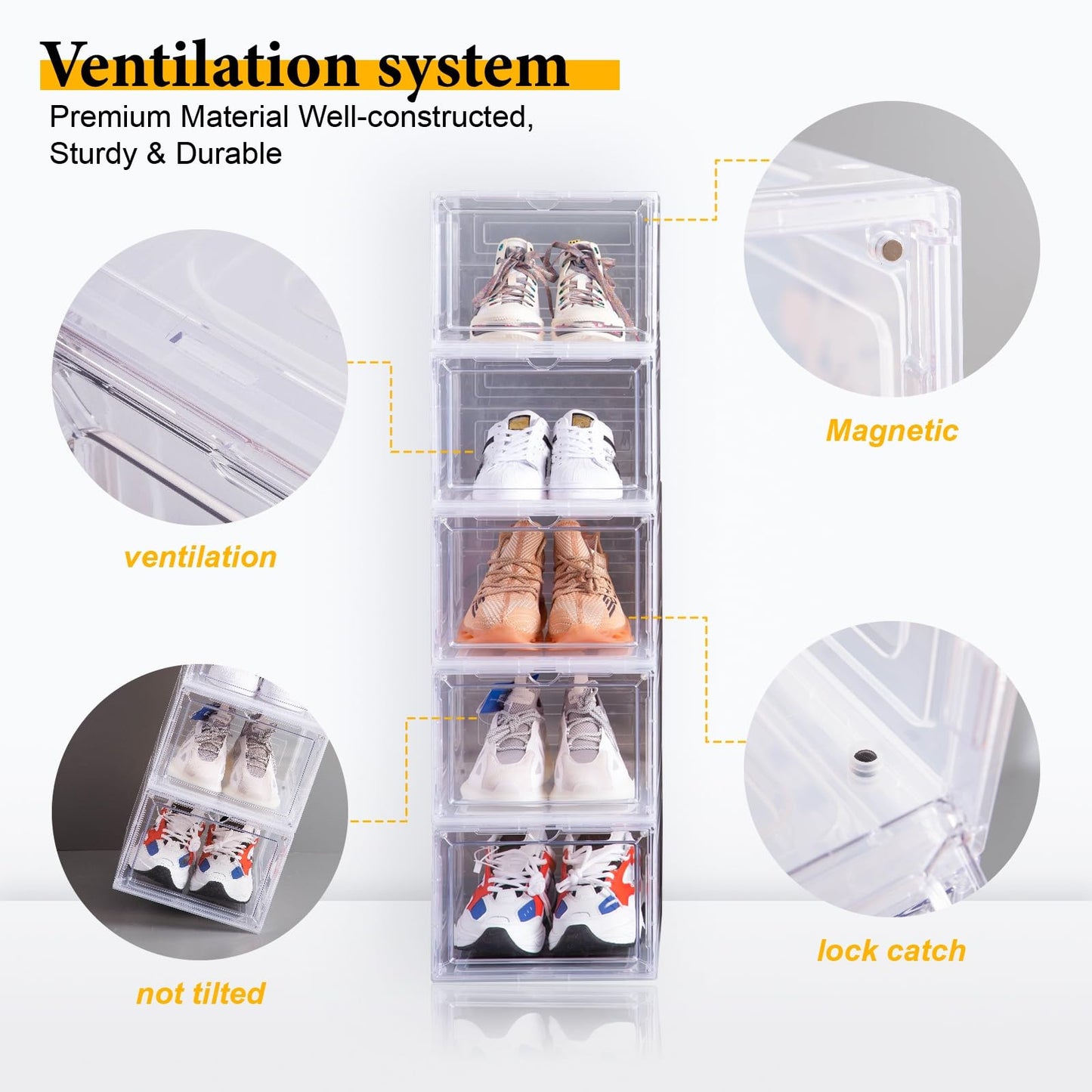 Attelite Shoe Box,Set of 6,Stackable Plastic Clear Shoe Box Organizer with Magnetic Door,Shoe Storage Box Thicken Sturdy,Easy Assembly,Fit up to US Size 12,Black