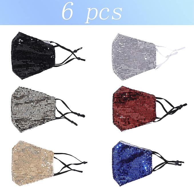 6 Pcs Washable Glitter Bling Women Face Mask. Breathable Reusable Adjustable Fashion Masquerade Facemasks With Pocket.