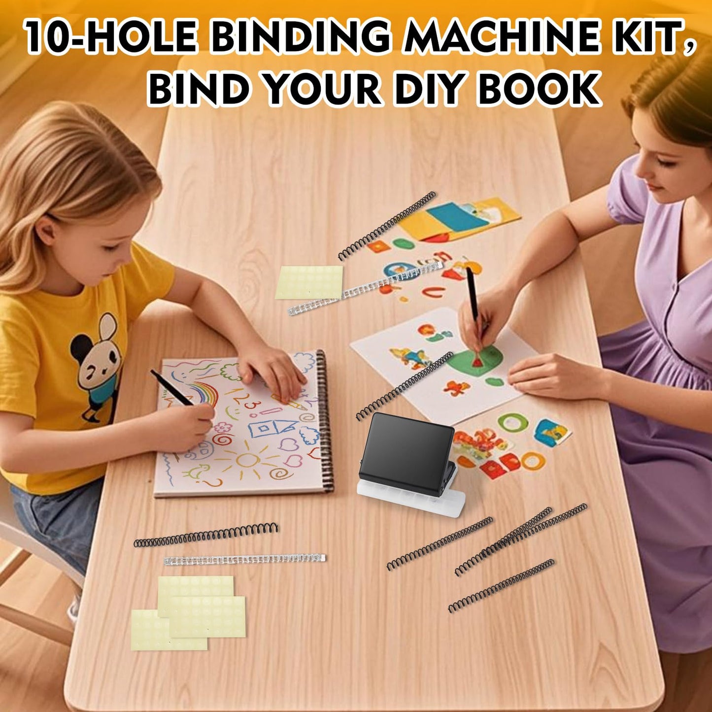 10-Hole Punch Binding Machine for Planners Mini Spiral Binding Punch Book Coil Binding Tool for A4, A5, B5 Paper, Includes 8 Spiral Coils, 2 Semi-Auto Binders and 4 Sheets Hole Reinforcements