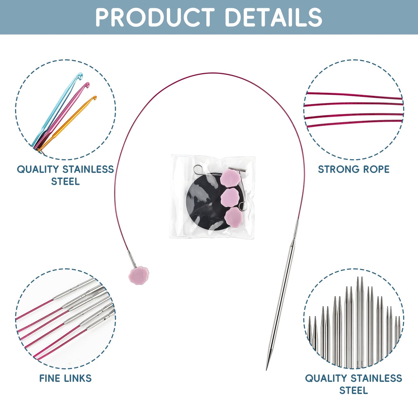Froggod 4.5-Inch Aluminum Lace Interchangeable Circular Knitting Needle Set, Sizes US 1, 1.5, 2, 2.5, 4, 5, 6, 7 Interchangeable Knitting Needles Lace-Tip with 4 Assorted Cables with Project Bag