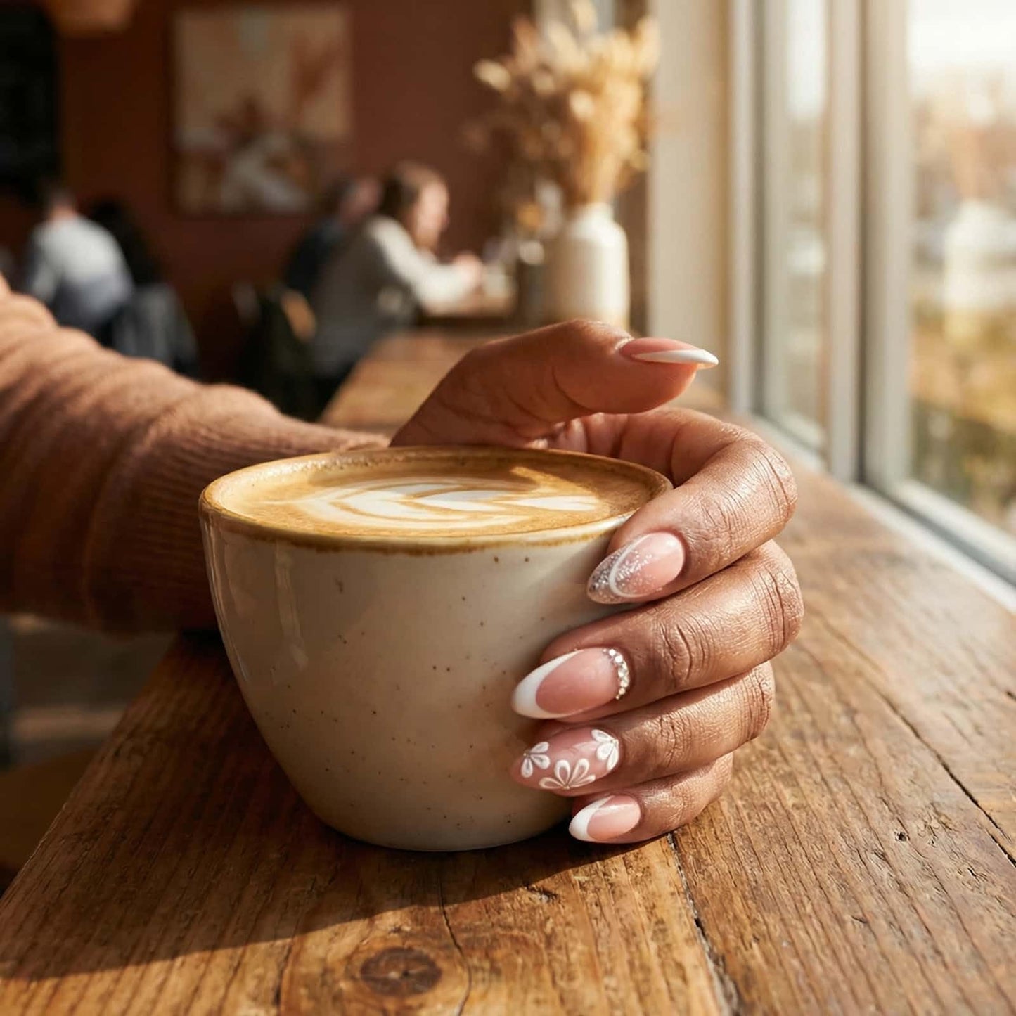French Press on Nails Short Almond Fake Nails White with Flower Rhinestones Designs Full Cover Acrylic Glue on Nails Removable Artificial Stick on Nails for Women 30 Pcs